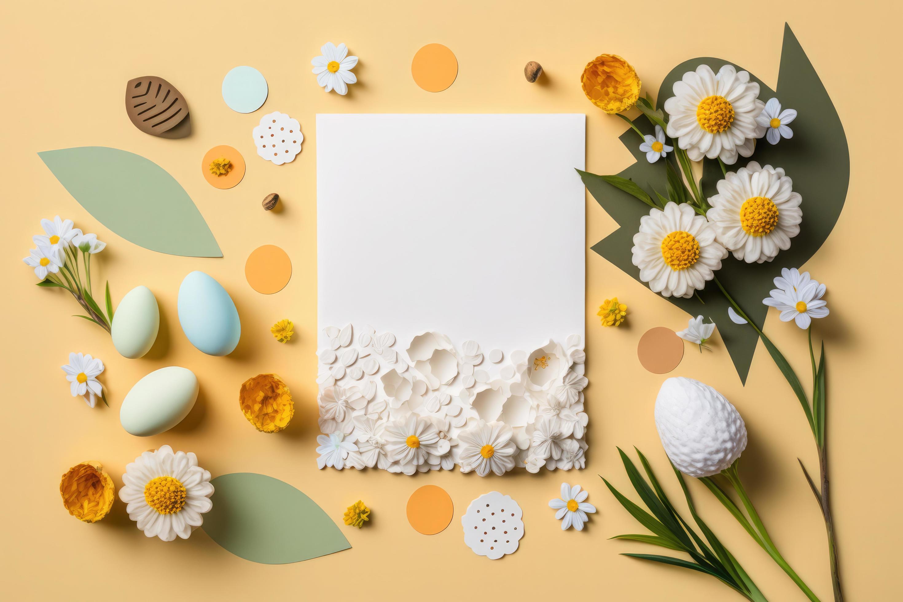 Creative easter flat lay design with white paper blank and spring flowers Stock Free