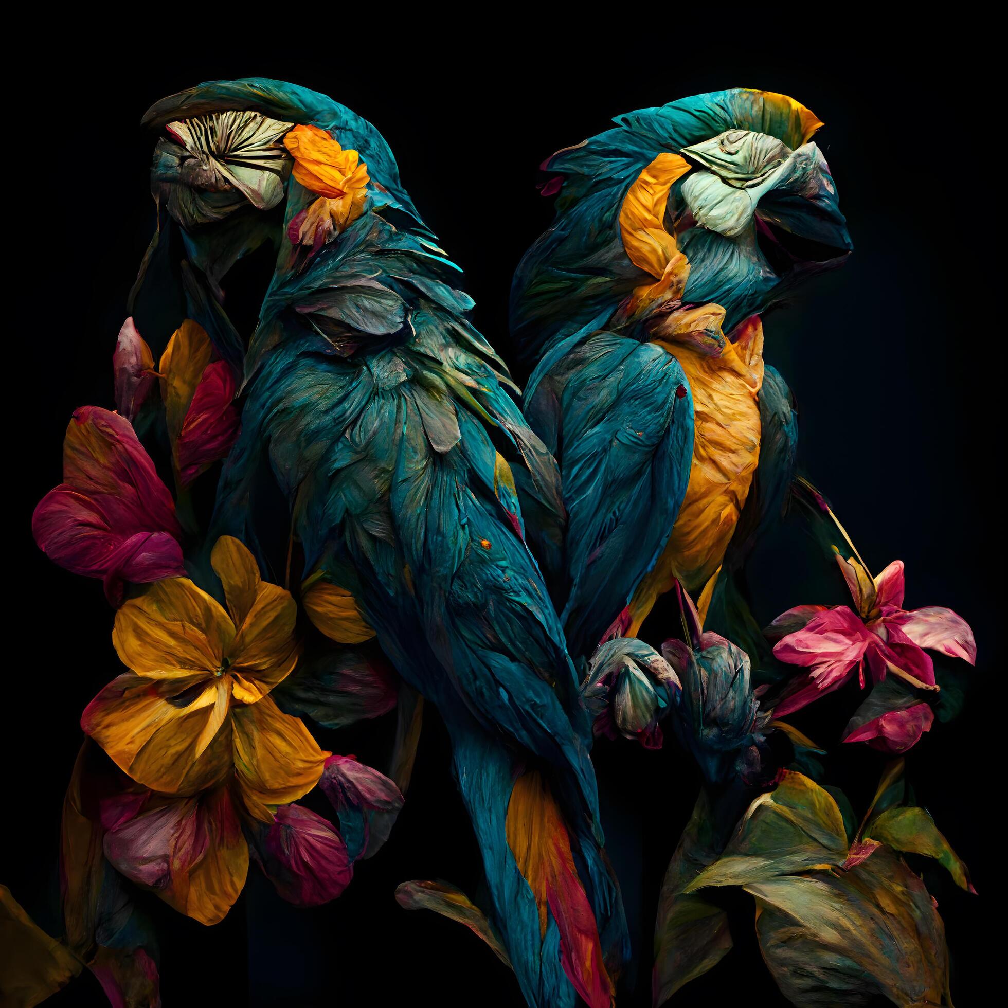 Colorful parrots and flowers on a black background. Toned., Image Stock Free