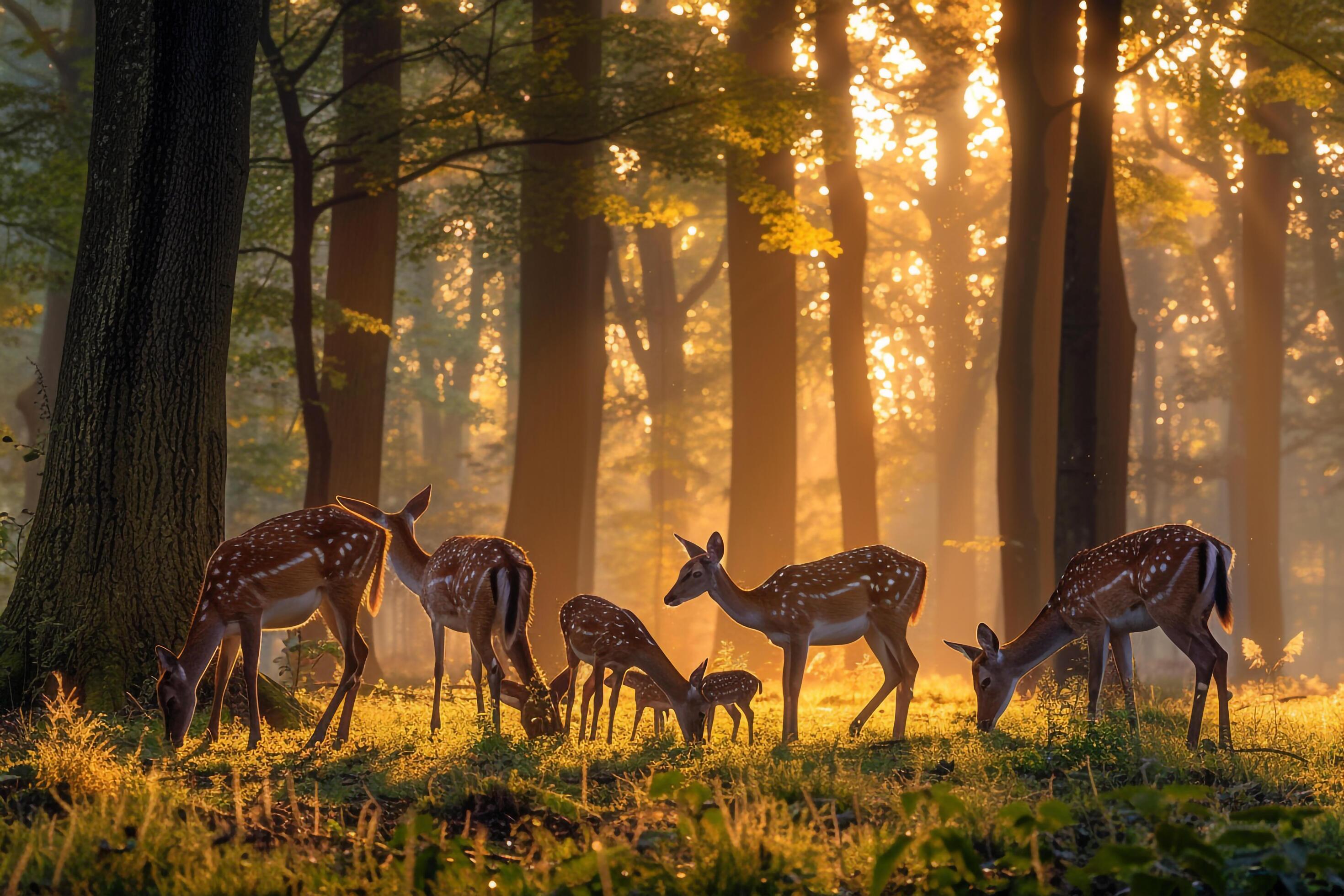 family of deer grazing in a forest clearing at dawn nature background Stock Free