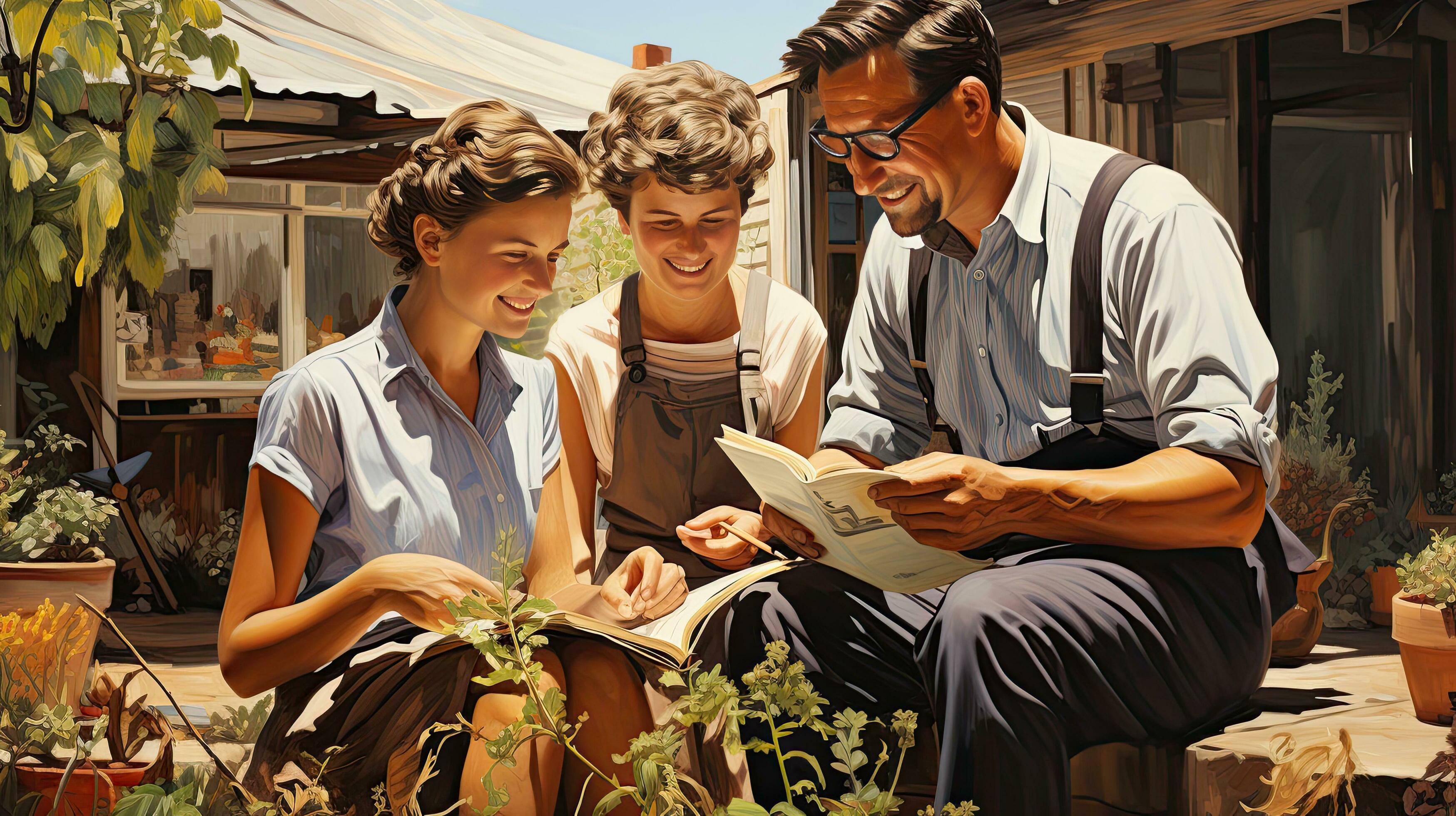 Father reading a book to his wife and son outdoors in the garden, family outdoor recreation Stock Free