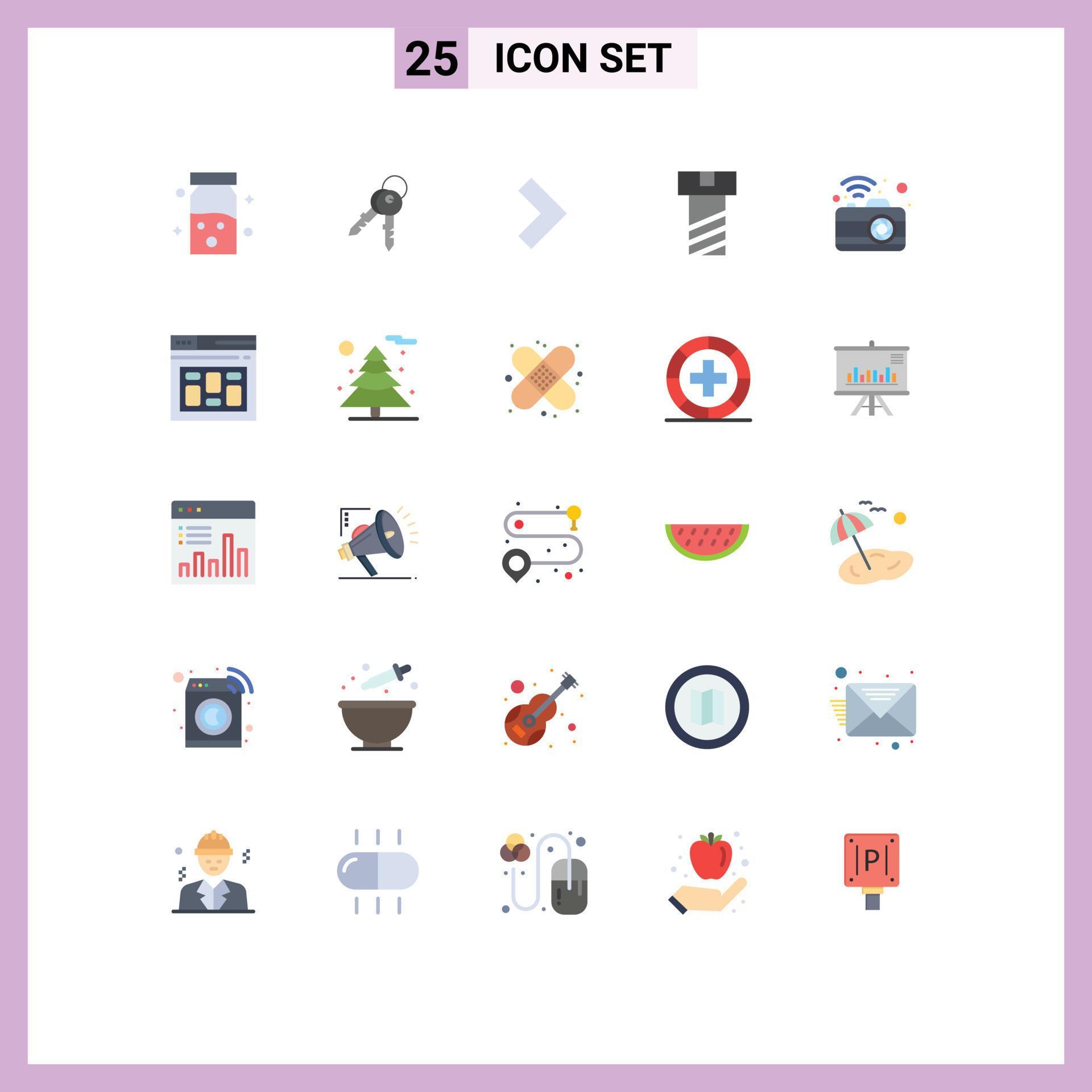 Modern Set of 25 Flat Colors and symbols such as signal dslr arrow communication nut Editable Vector Design Elements Stock Free