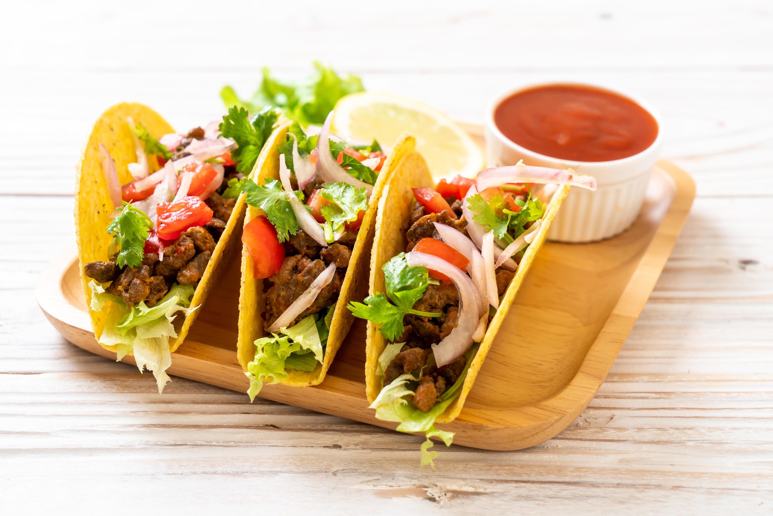 Tacos with meat and vegetables – Mexican food style Stock Free