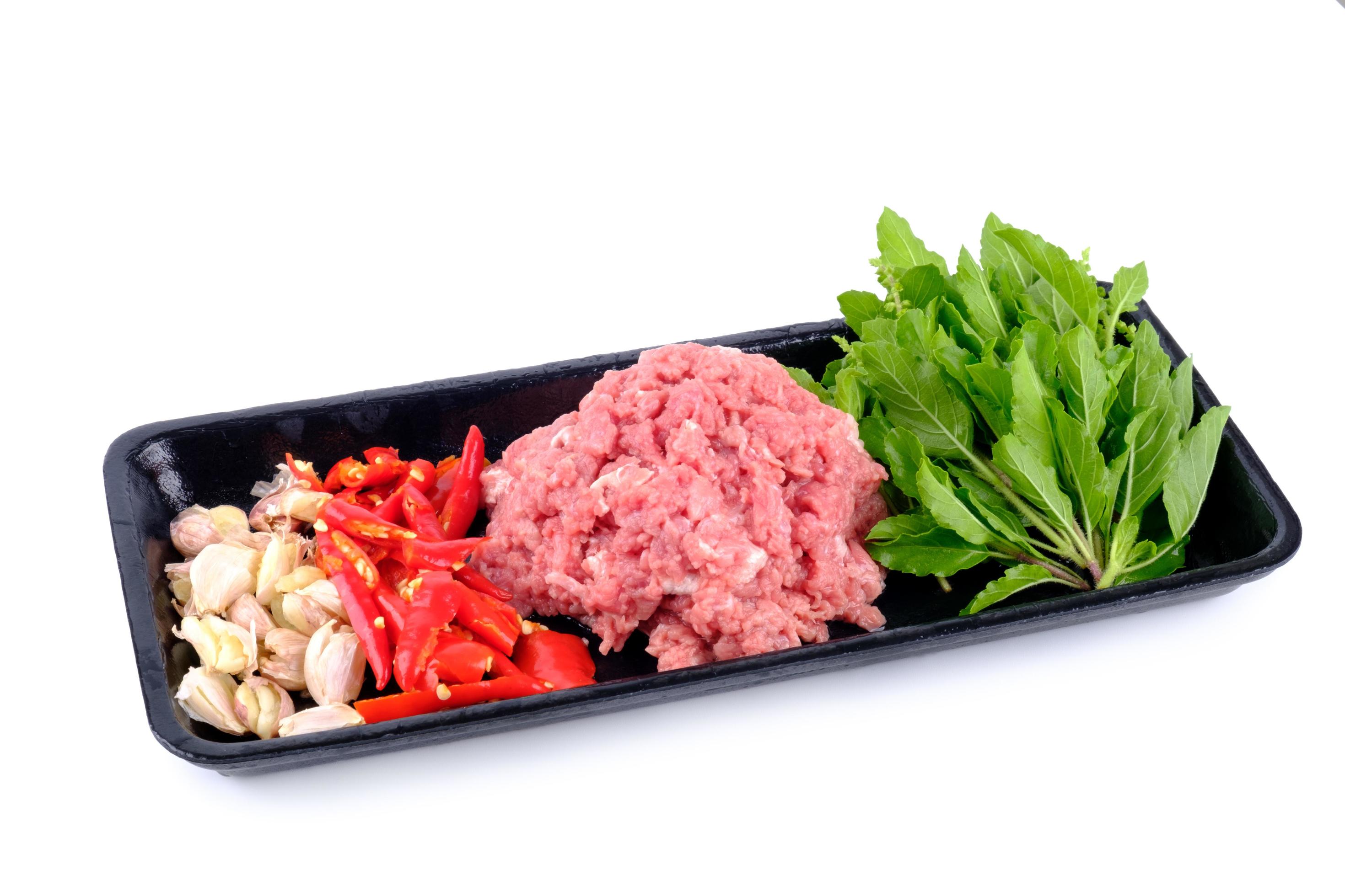 Raw material pork fried basil spicy menu of Thai food. Minced beef Stock Free