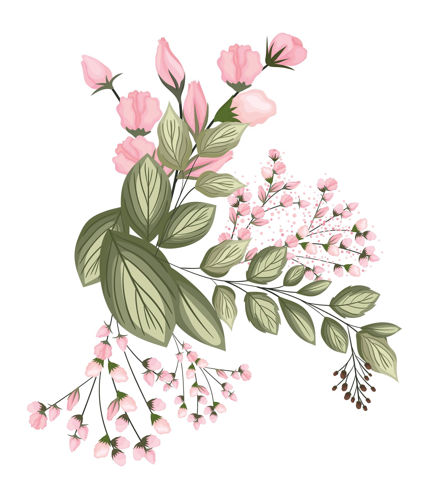 Pink buds flowers with leaves bouquet painting Stock Free