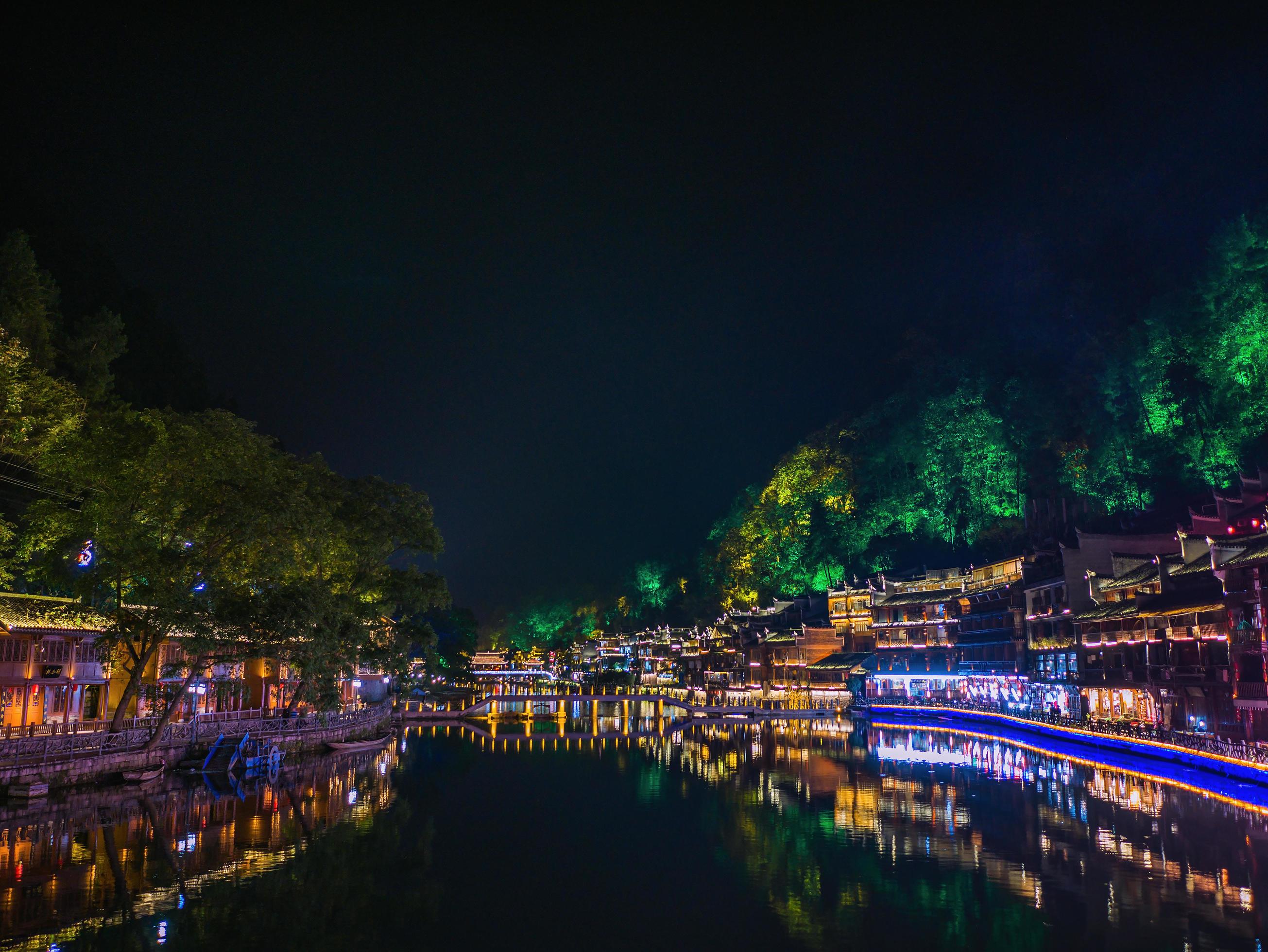 Scenery view in the night of fenghuang old town .phoenix ancient town or Fenghuang County is a county of Hunan Province, China Stock Free