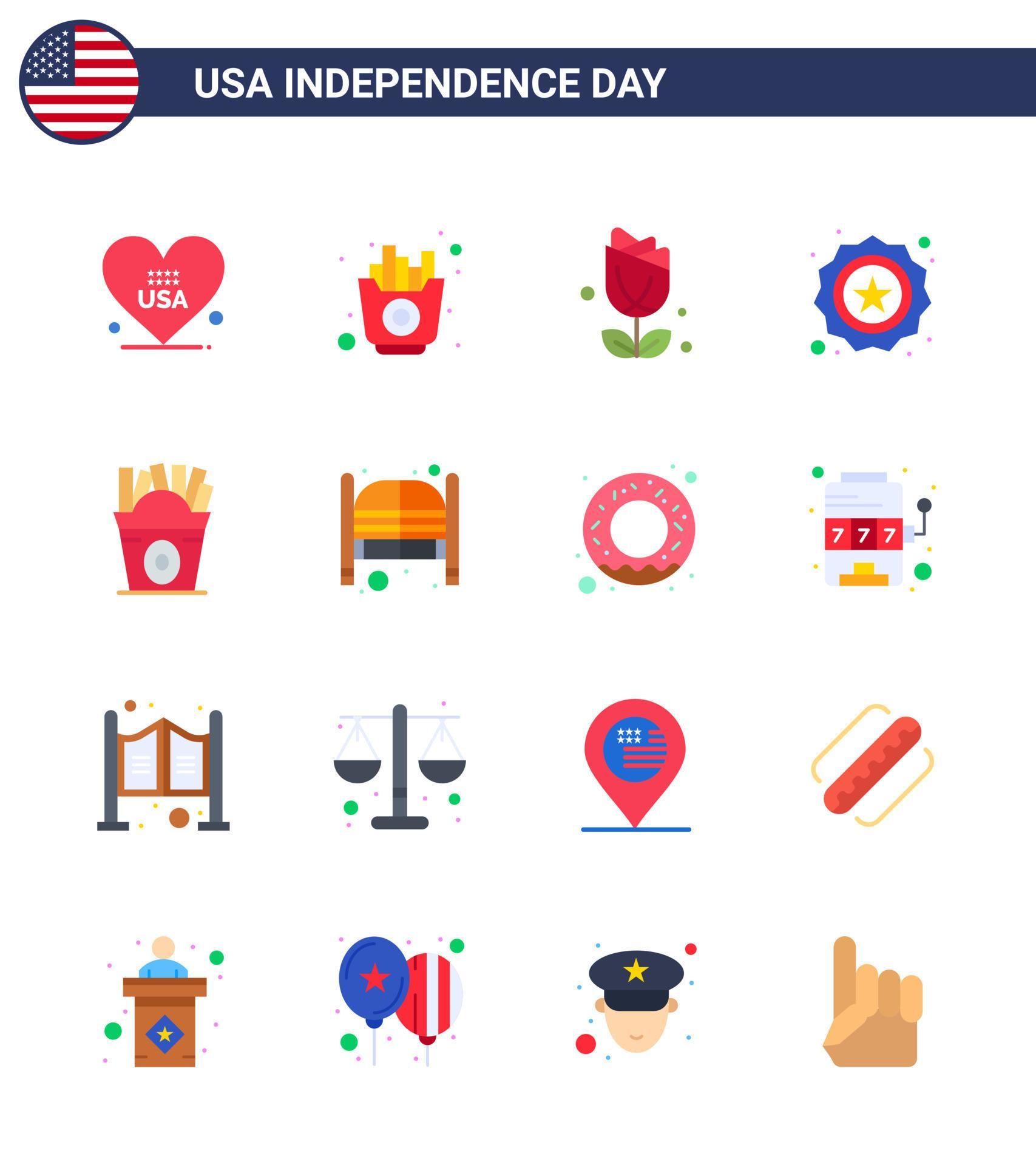 Pack of 16 creative USA Independence Day related Flats of fastfood flag flower badge american Editable USA Day Vector Design Elements Stock Free