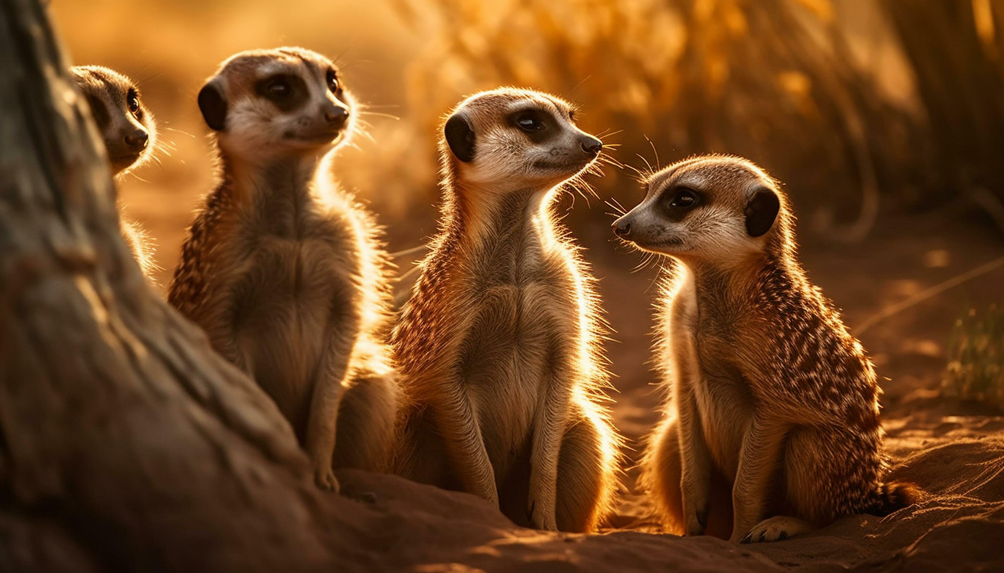 Small meerkat family sitting in good posture generated by AI Stock Free