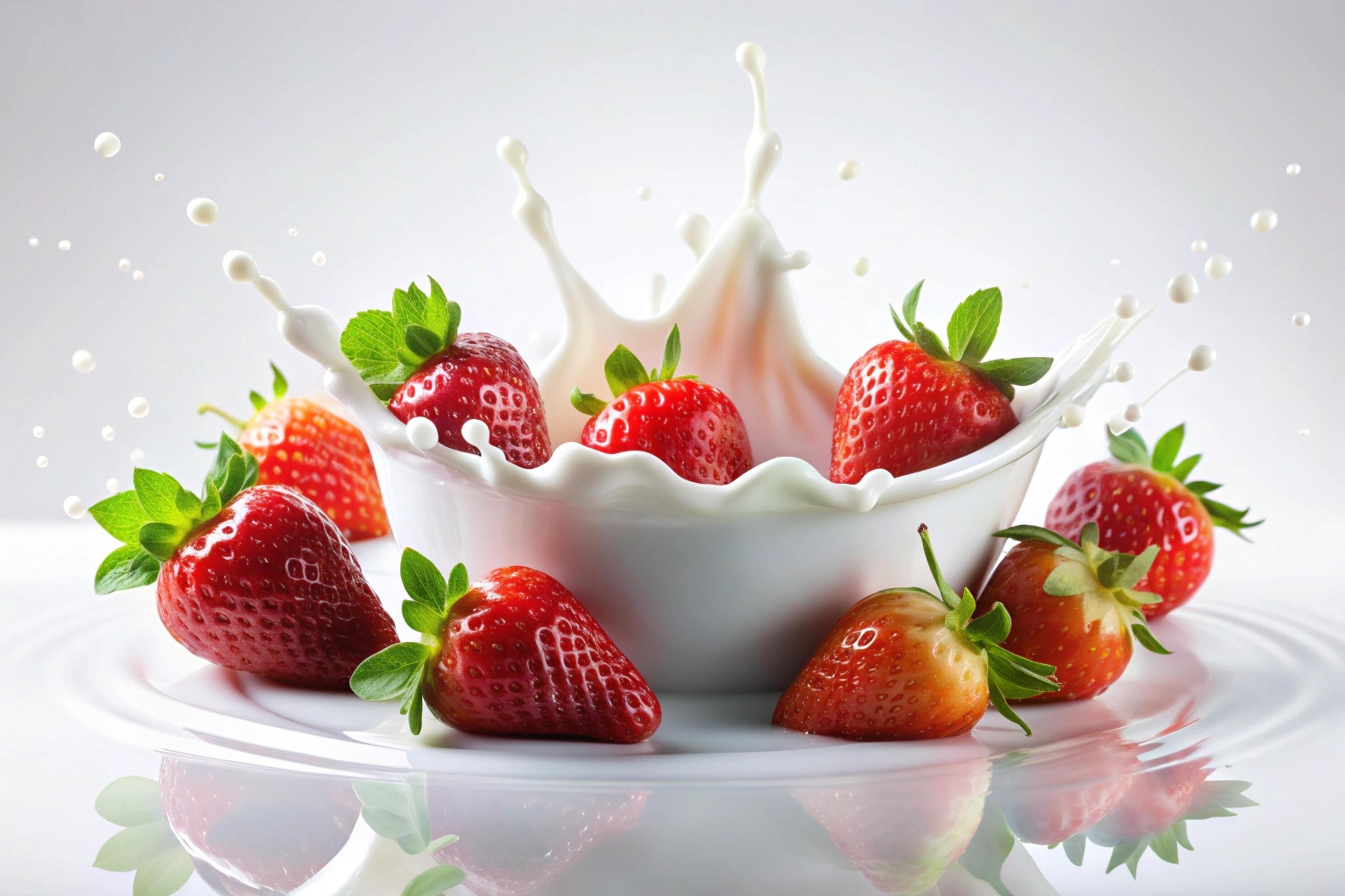 Milk splashes with strawberry on white background Stock Free