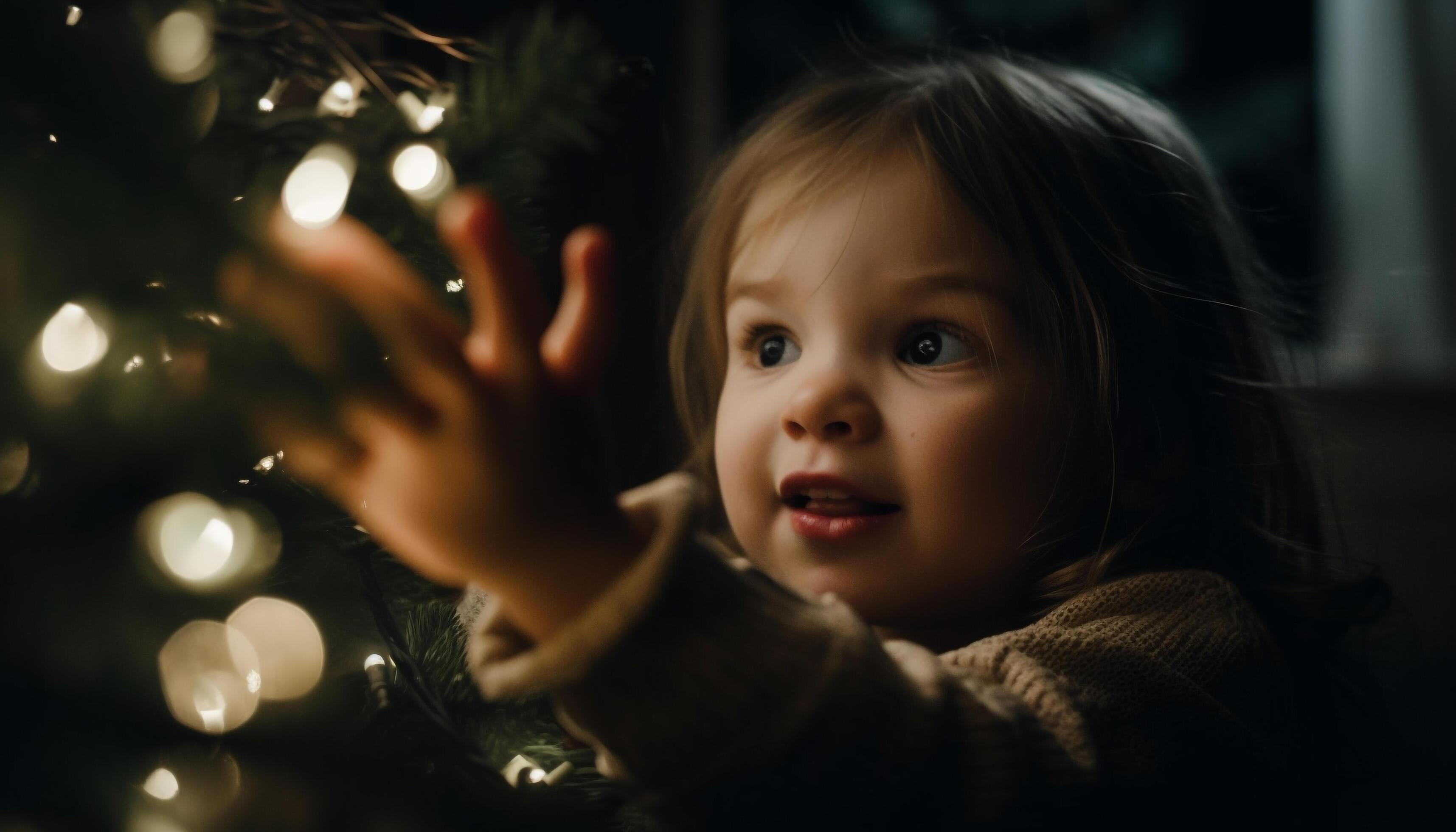 Smiling toddler holds Christmas gift, surrounded by family generated by AI Stock Free