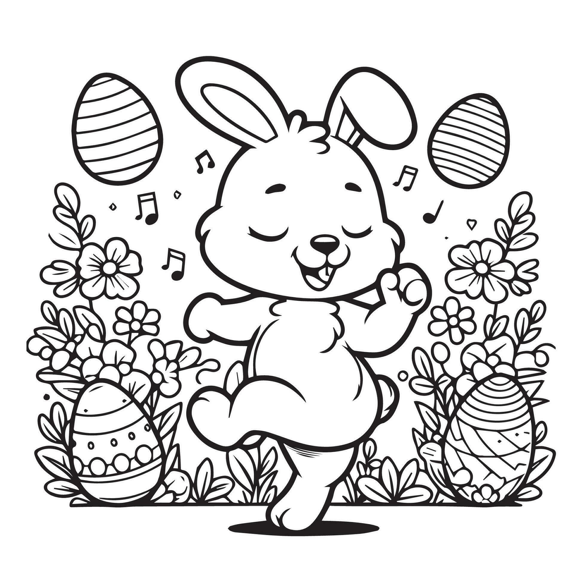 Dancing Easter bunny with decorative eggs, flower, star black and white line drawing. EASTER SUNDAY SPECIAL Stock Free