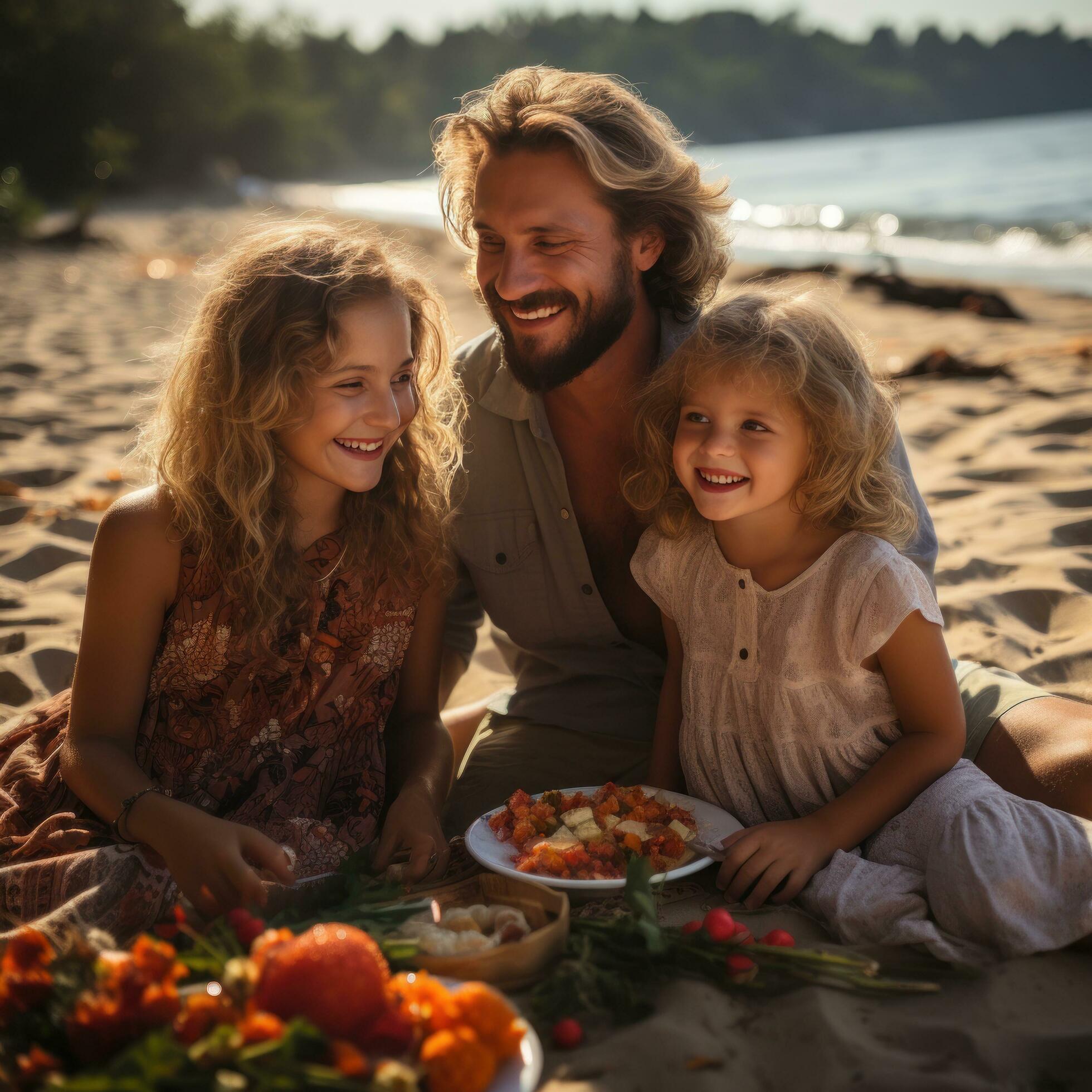 Cheerful family enjoying a picnic on the sandy shore Stock Free