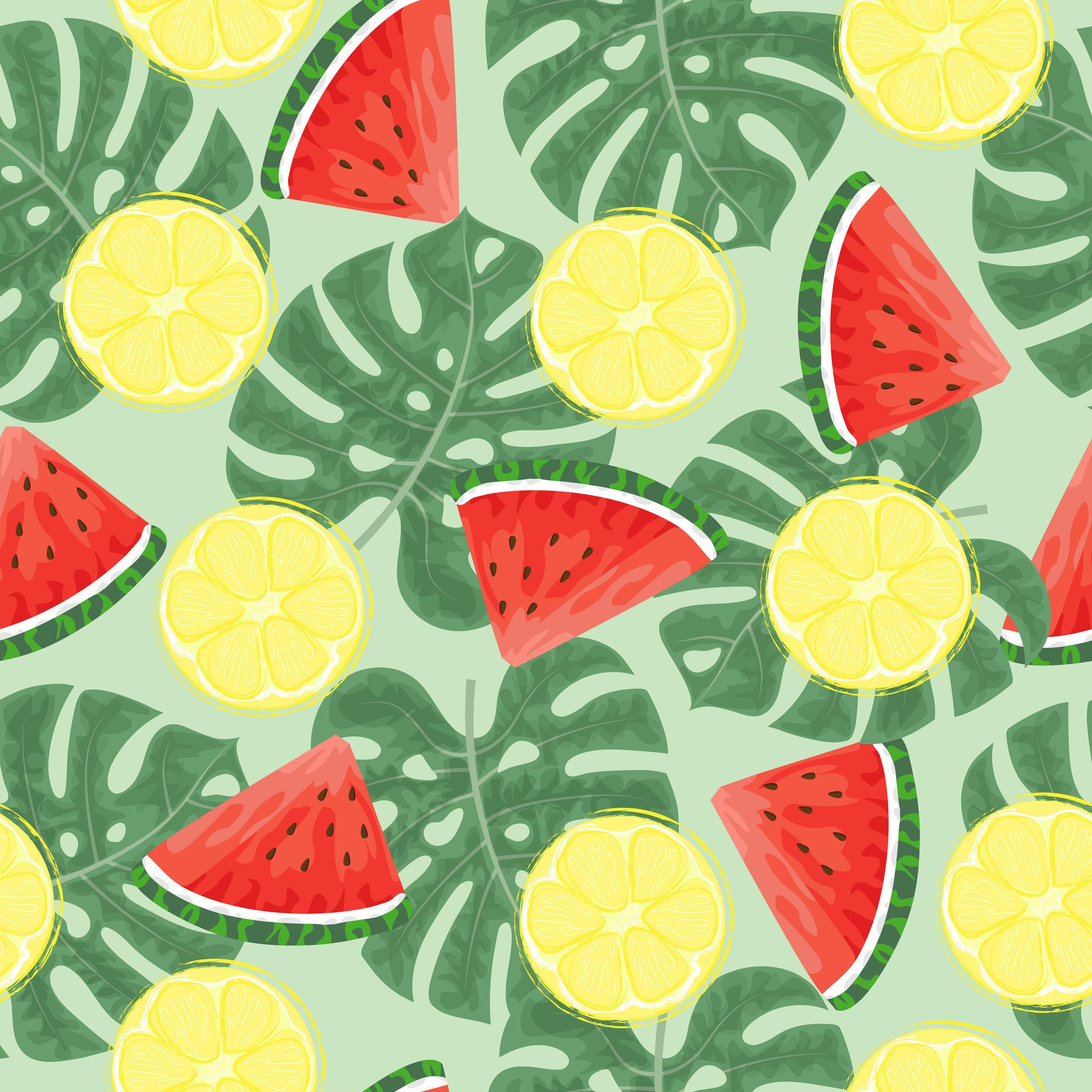 Seamless pattern with hand drawn watermelon, lemon slace and tropical monstera leaves on green background. Free Vector