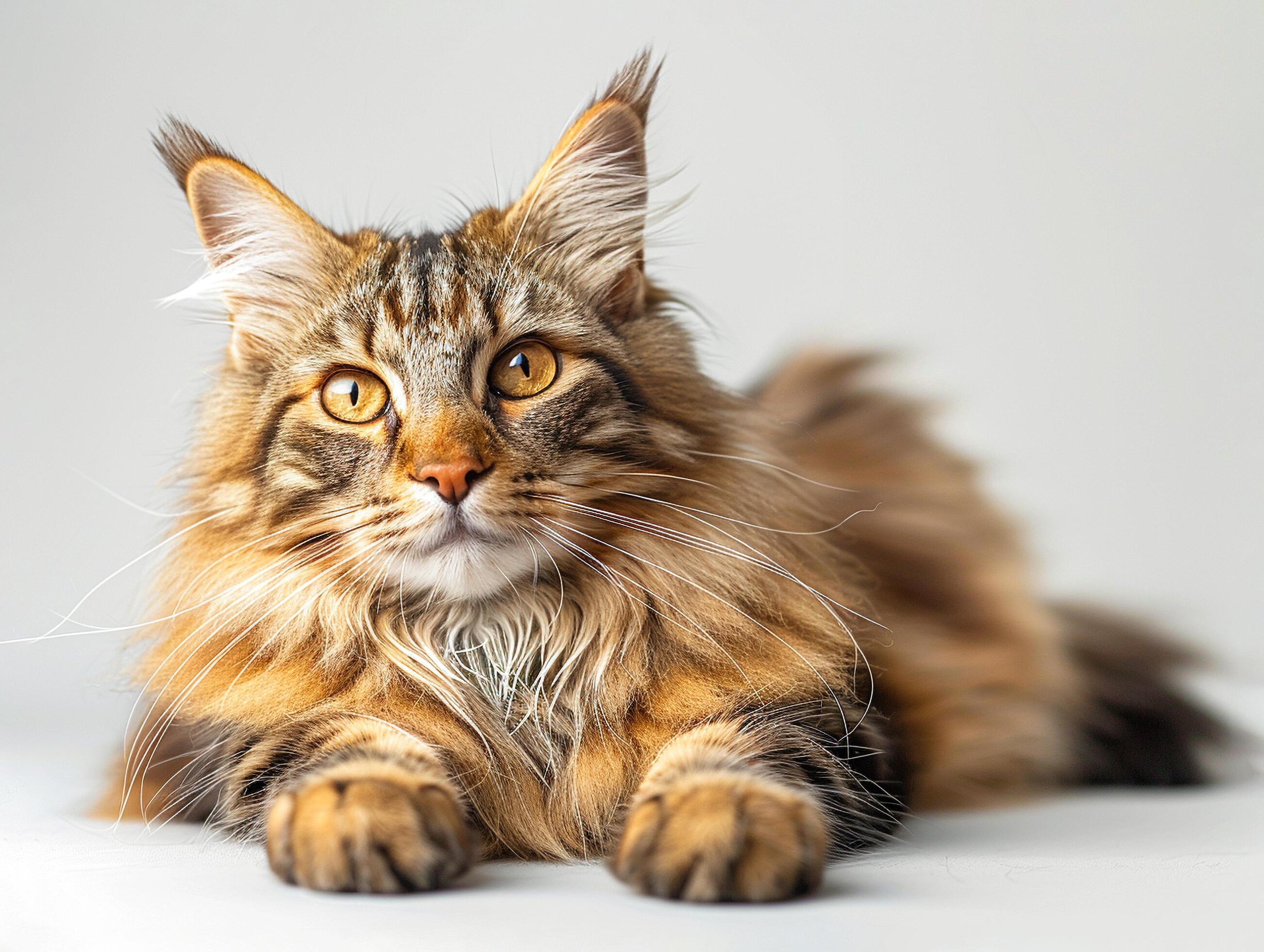 Portrait of a Maine Coon cat full body against a white background. Stock Free