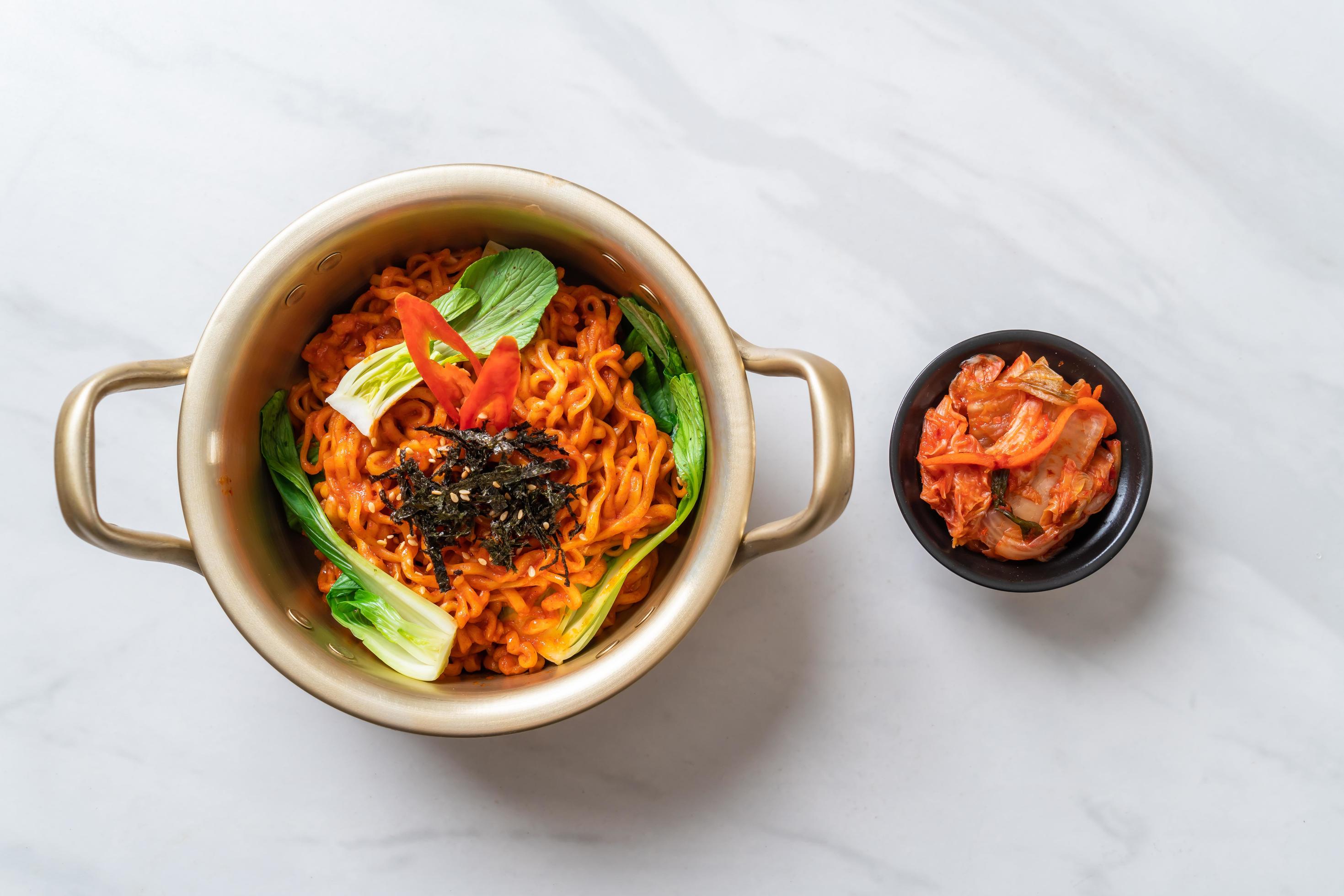 
									Korean instant noodles with vegetable and kimchi – Korean food style Stock Free