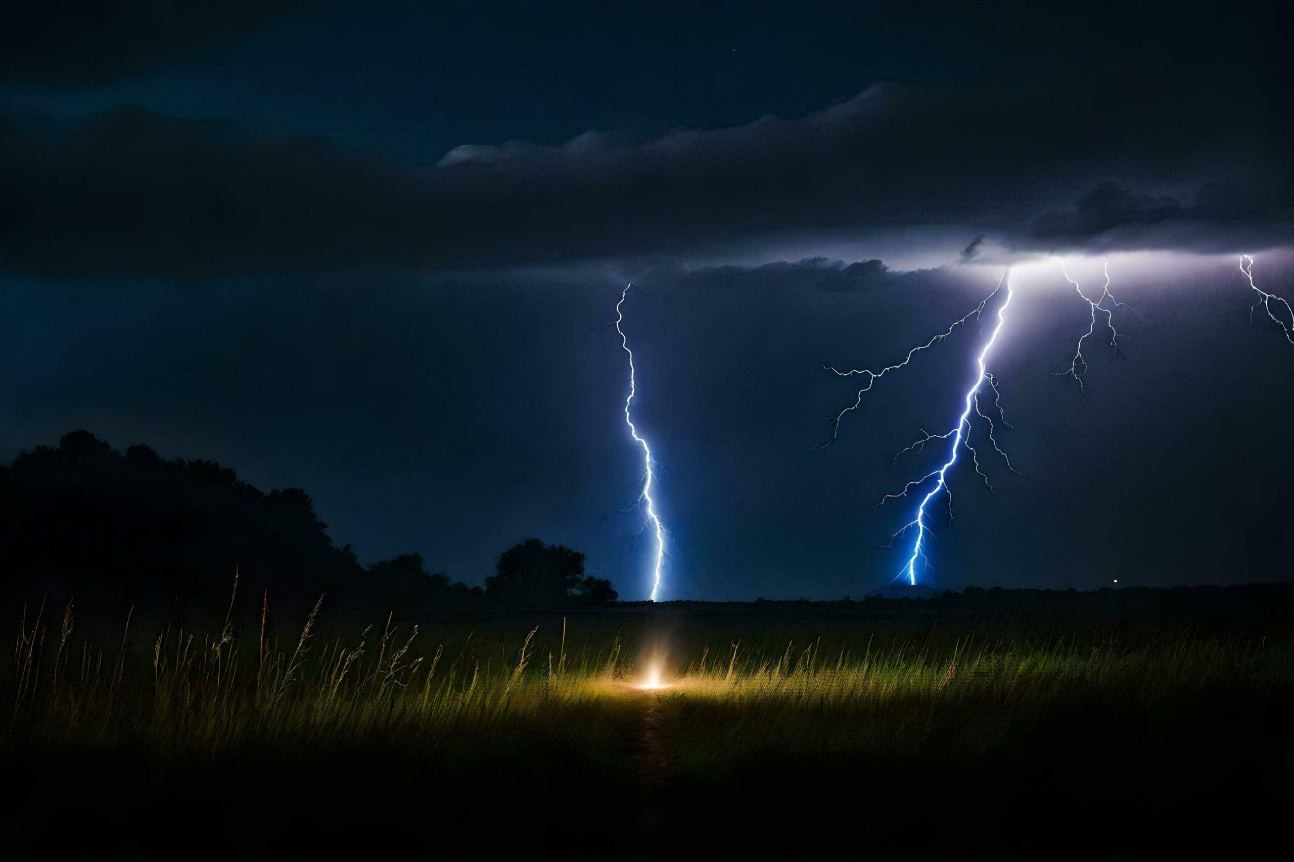 lightning strikes over a field with a light shining in the sky Free Photo