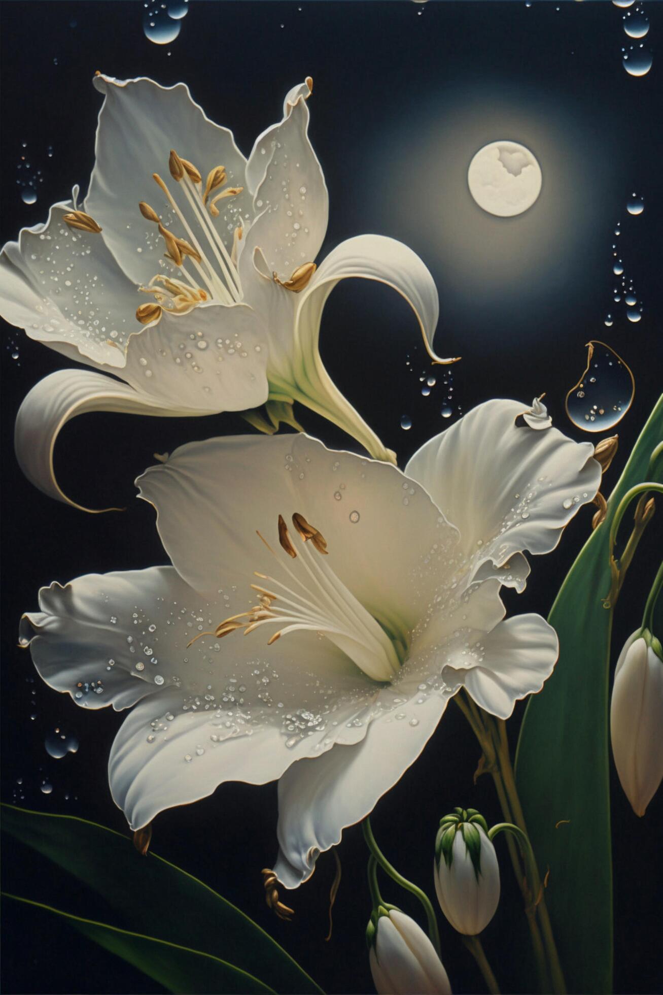 painting of two white flowers in front of a full moon. . Stock Free