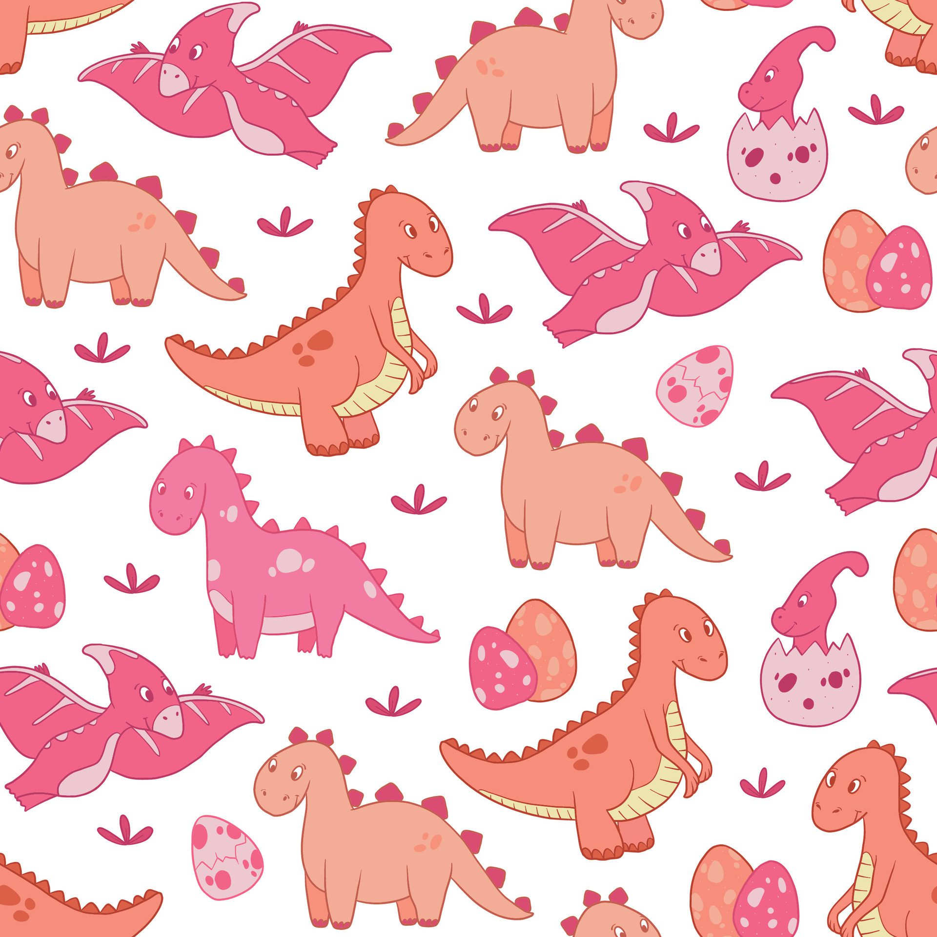 Pink dinosaurs nursery seamless pattern with cute doodles for wallpaper, textile prints, wrapping paper, stationary, scrapbooking, etc. EPS 10 Free Vector