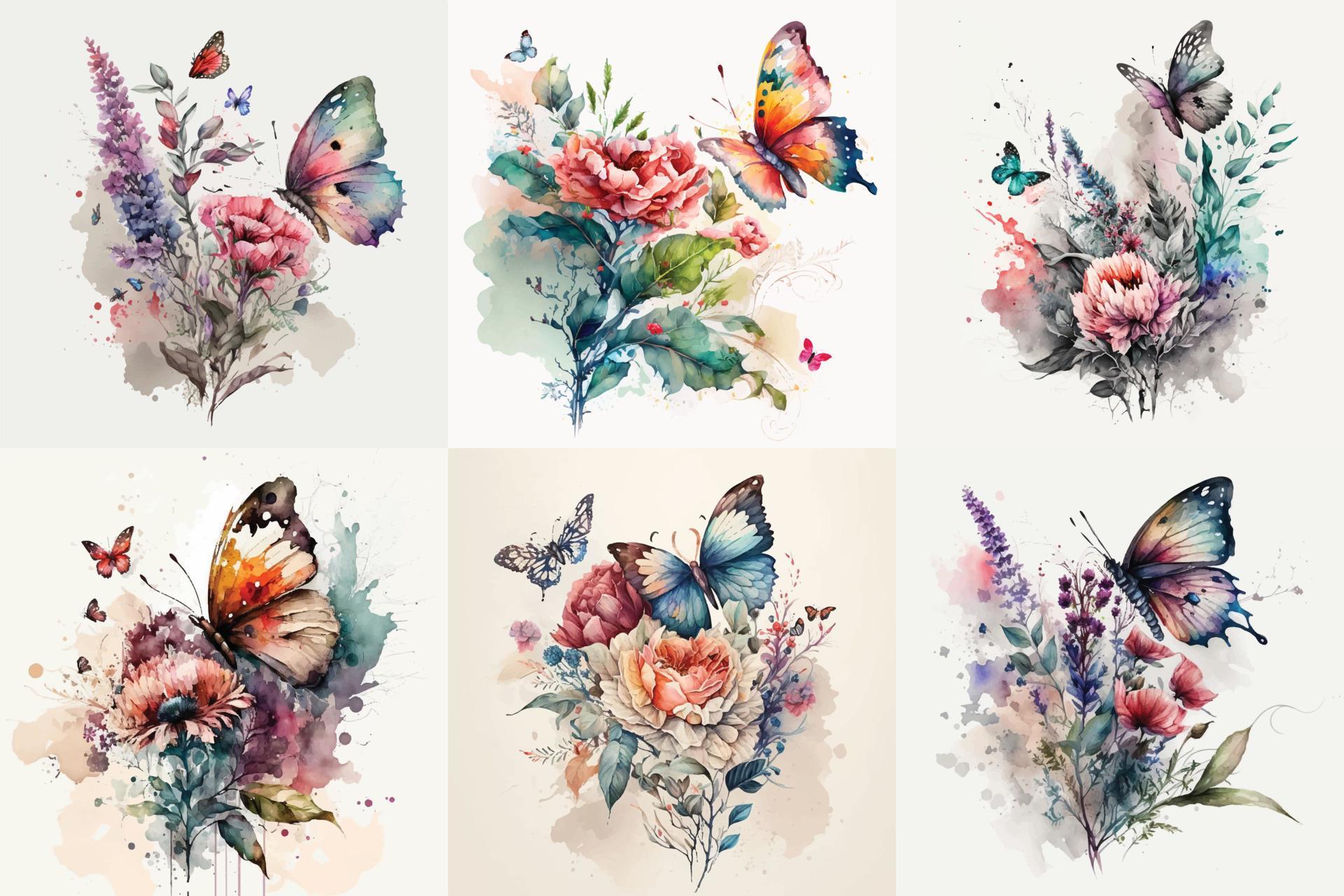 Butterfly Watercolor set, Floral Illustration, Floral Flower, Floral Bundle Stock Free