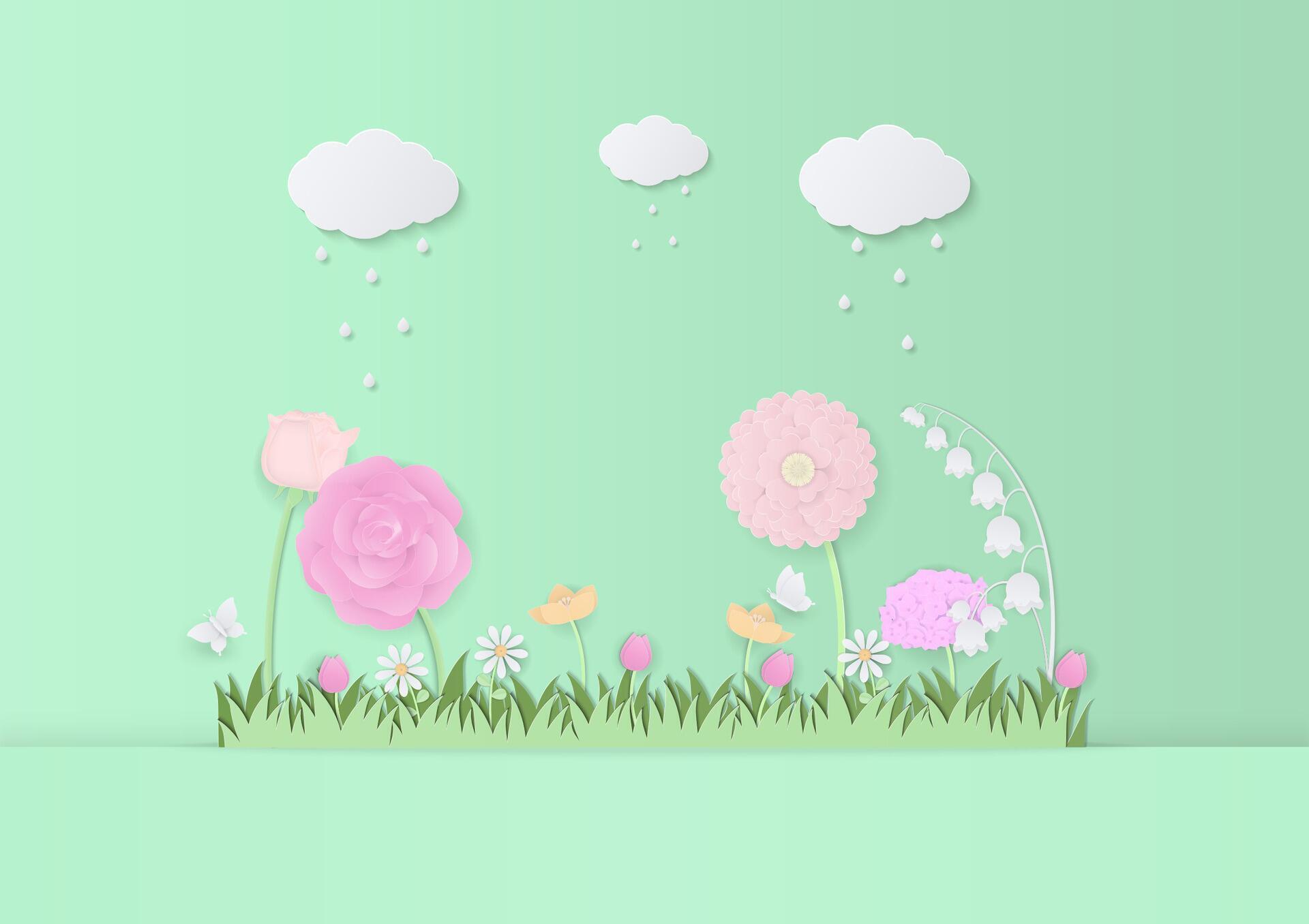 Natural garden scene design with flowers and rain Stock Free