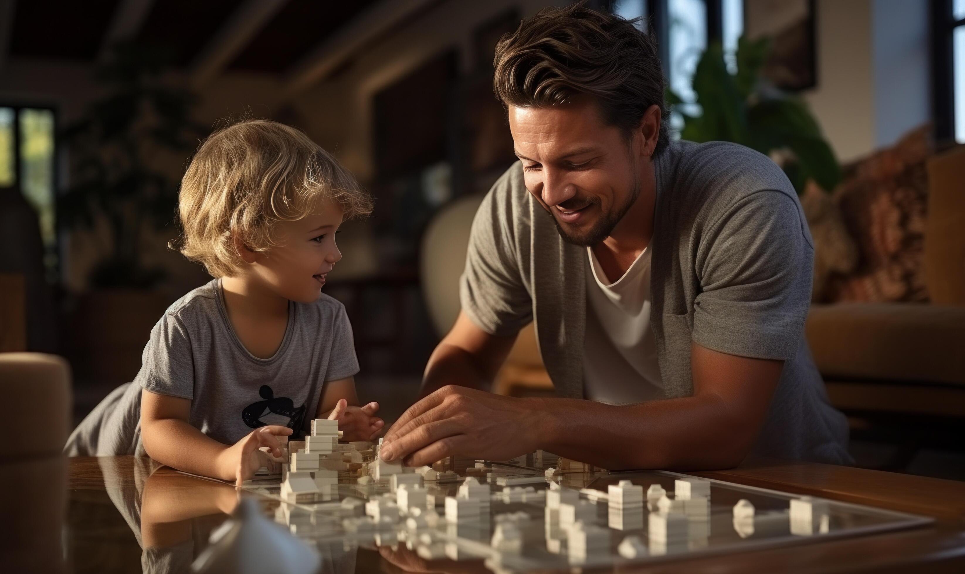 AI generated happy family man with his son playing on the table Stock Free