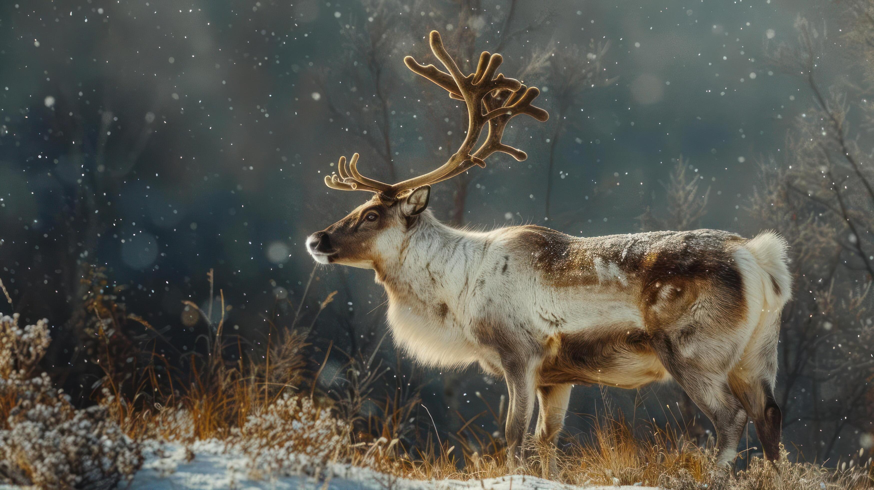 a reindeer standing in a snowy field with trees in the background Stock Free