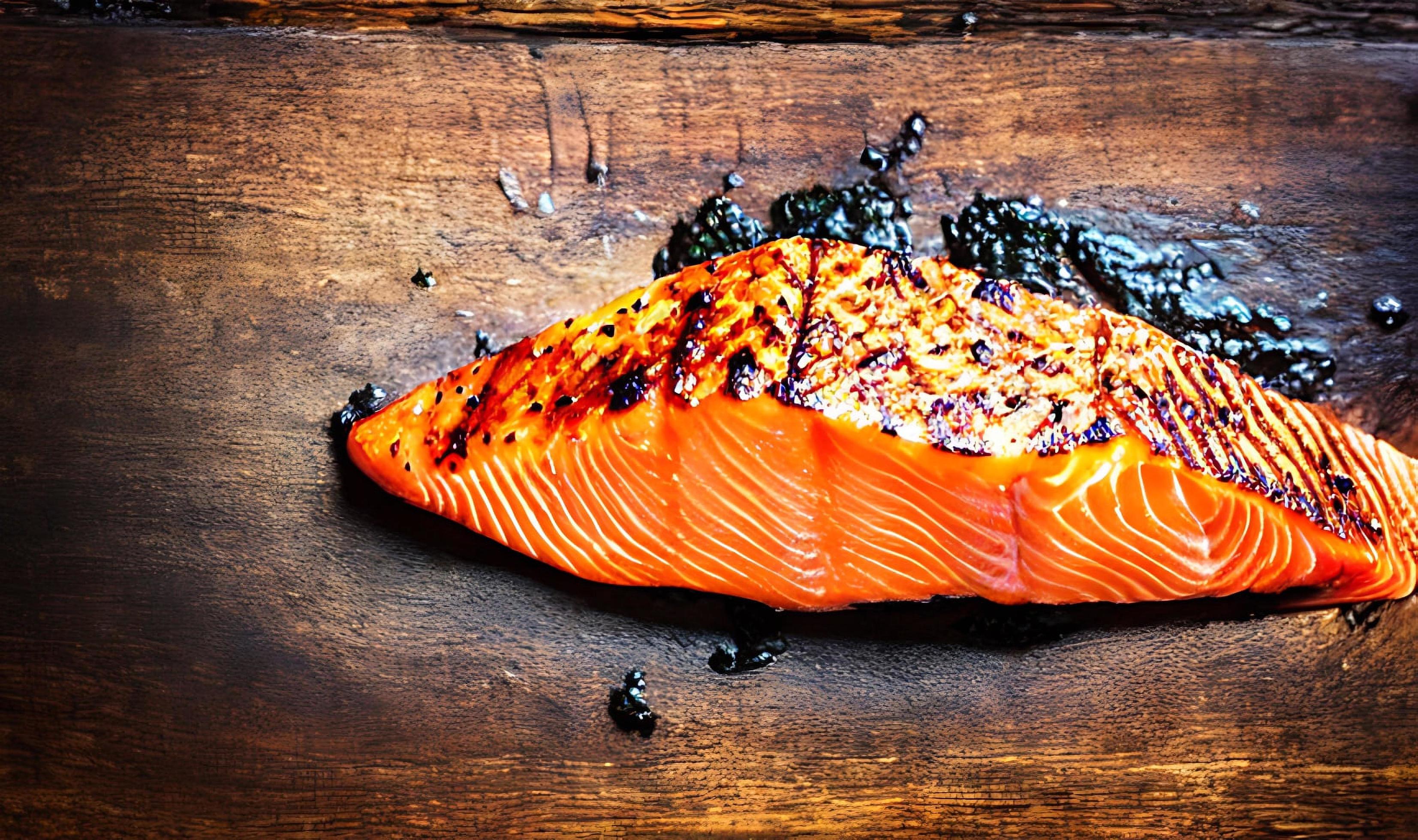 Grilled salmon. Healthy food baked salmon. Hot fish dish. Stock Free