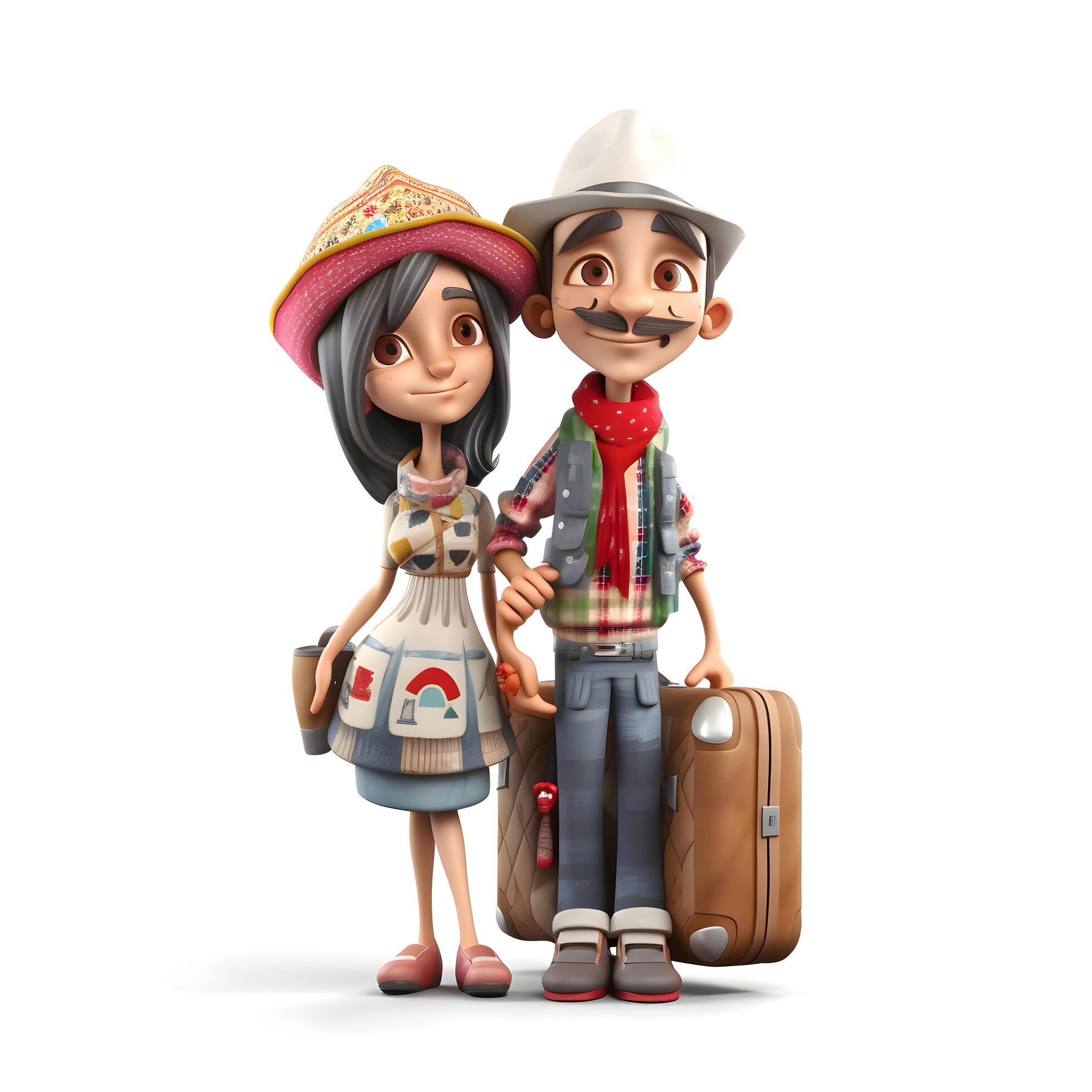 Happy family with suitcases isolated on a white background. 3d rendering., Image Stock Free