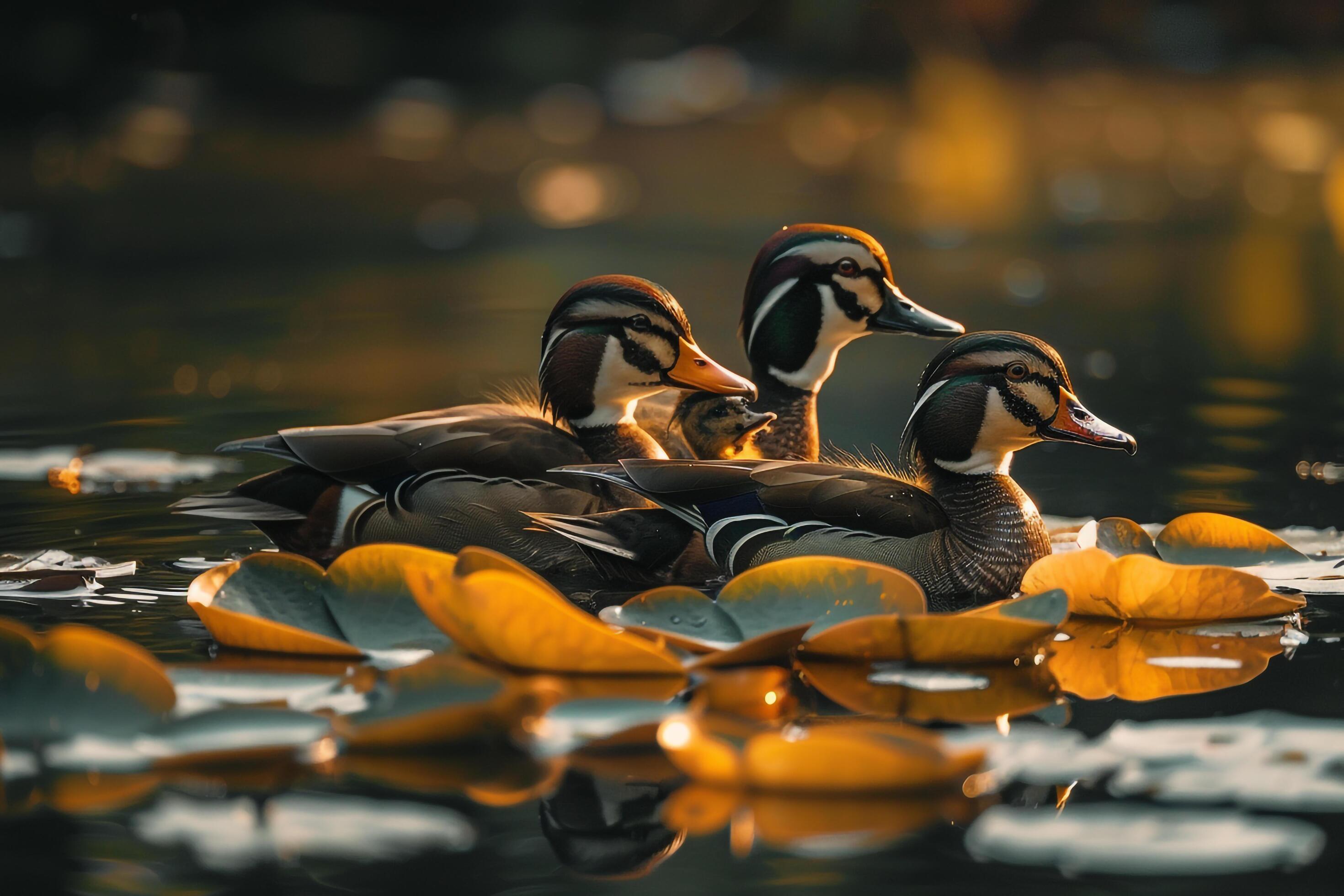 Wood Duck Family Swimming Among Lily Pads Background Nature Stock Free