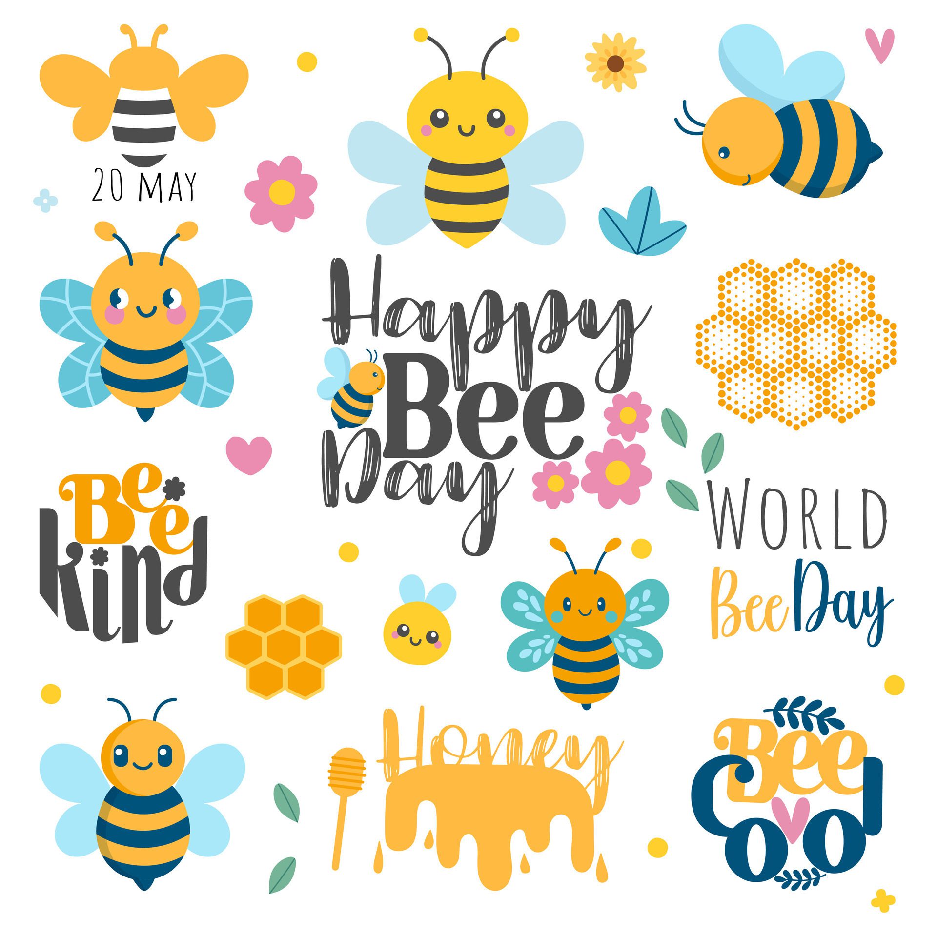 World bee sticker set. Calligraphy hand lettering and cartoon bees isolated on white. Template clip art for banner, flyer, sticker, postcard, print. Free Vector