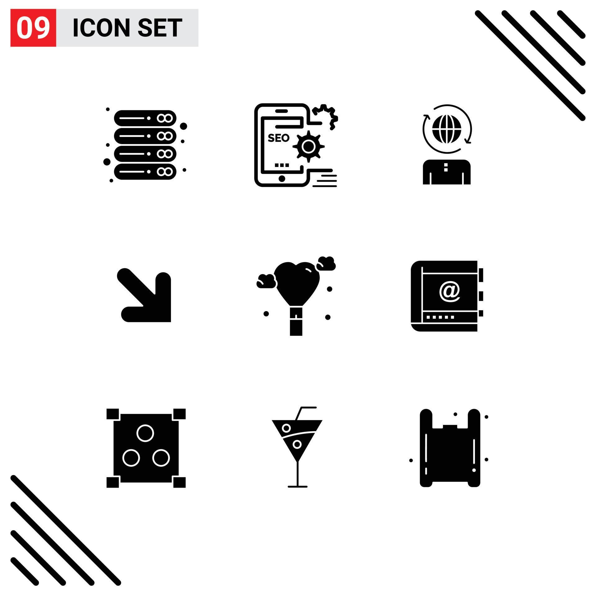 Mobile Interface Solid Glyph Set of 9 Pictograms of balloon down setting arrow management Editable Vector Design Elements Stock Free