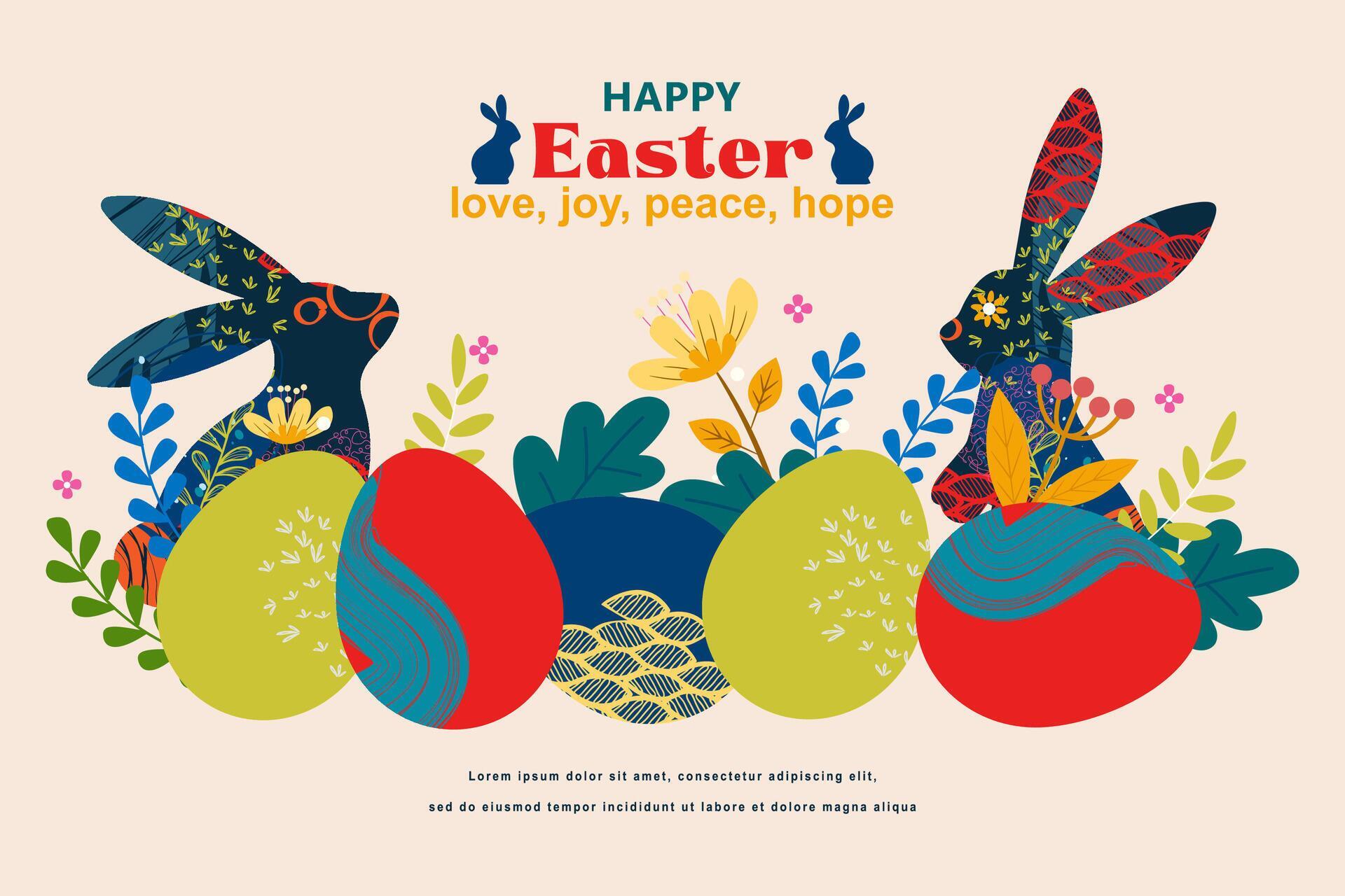 Happy Easter banner with frame made of eggs bunnies and spring flowers in flat style Stock Free