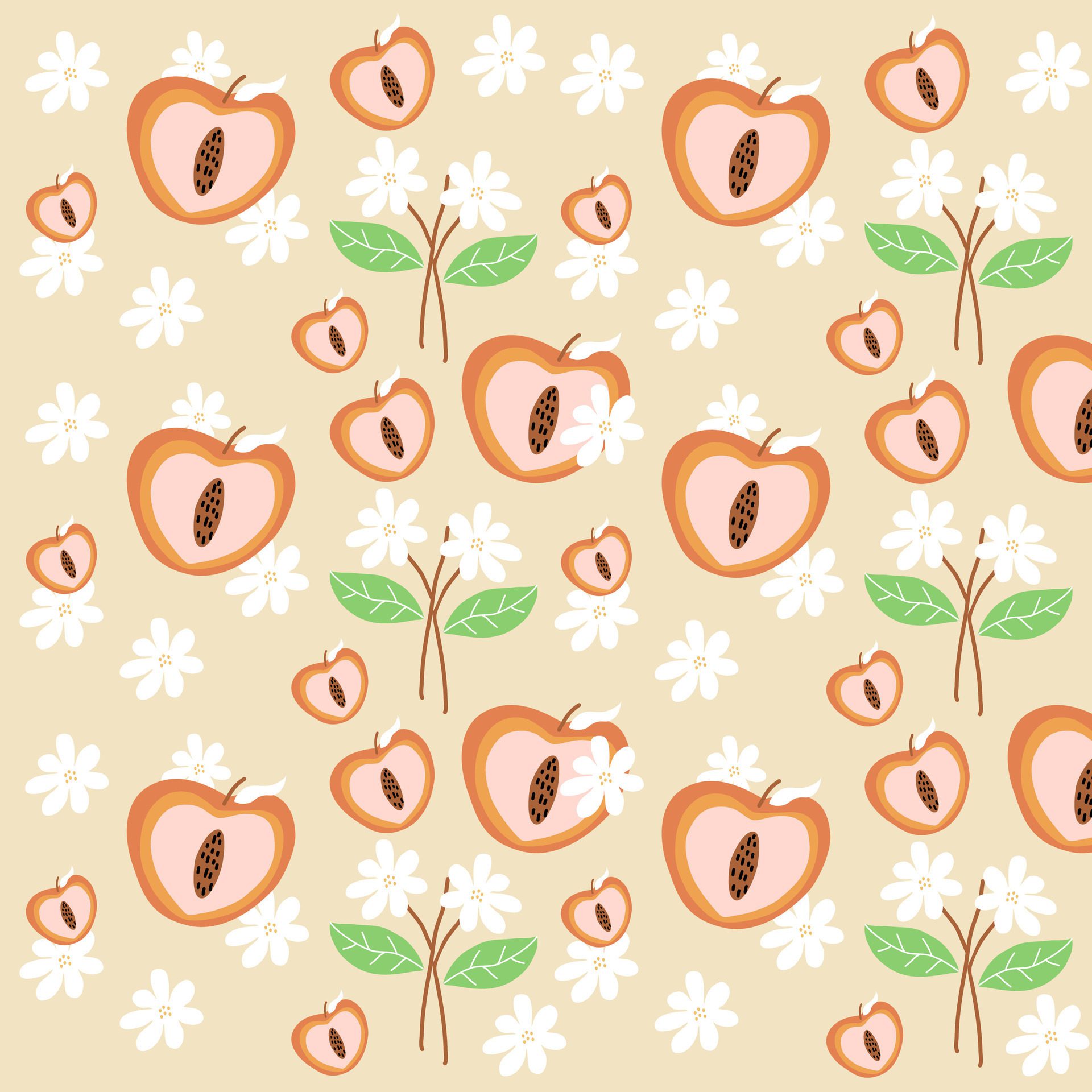 Hand drawn peach and white flowers pattern. Peach fruit pattern. Fruit Background. Pattern for fabric Free Vector