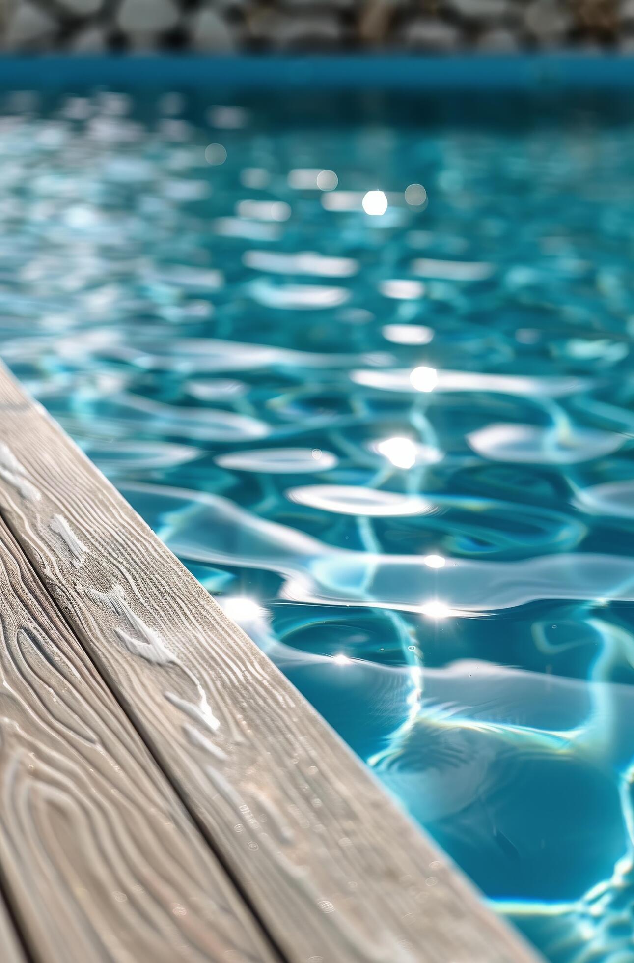 Close-Up View of a Wooden Deck Bordering a Blue Swimming Pool Stock Free