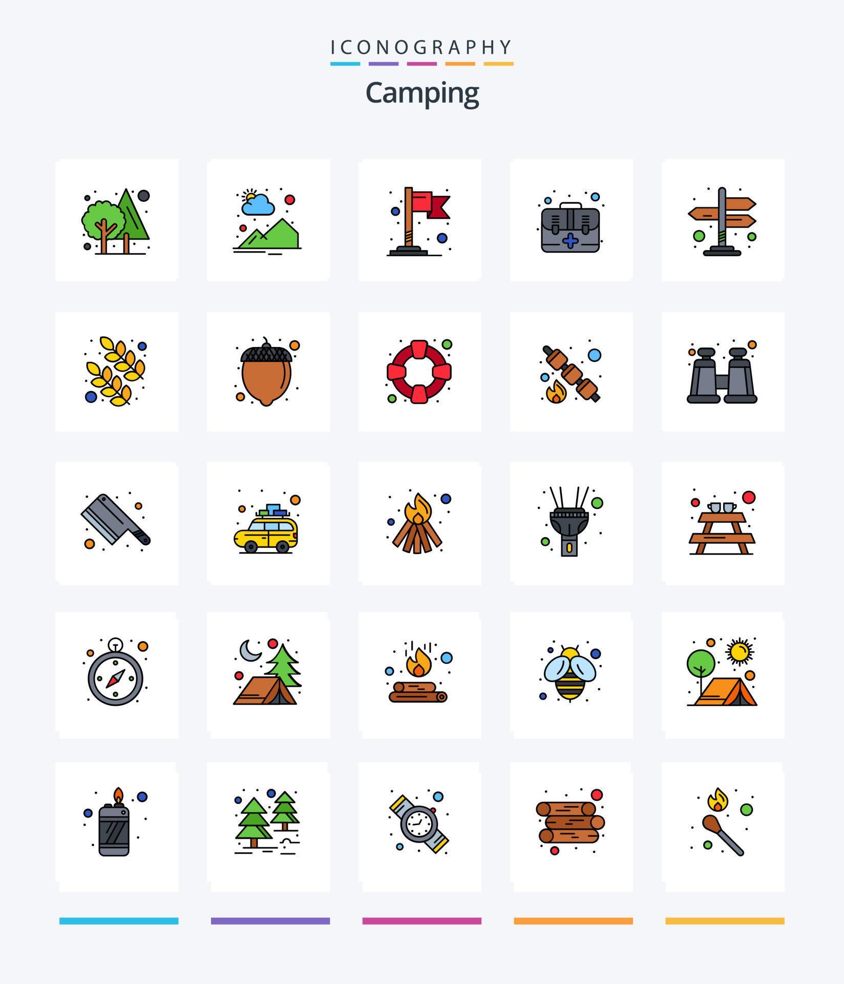 Creative Camping 25 Line FIlled icon pack Such As arrows. directions. flag. kit. emergency Stock Free