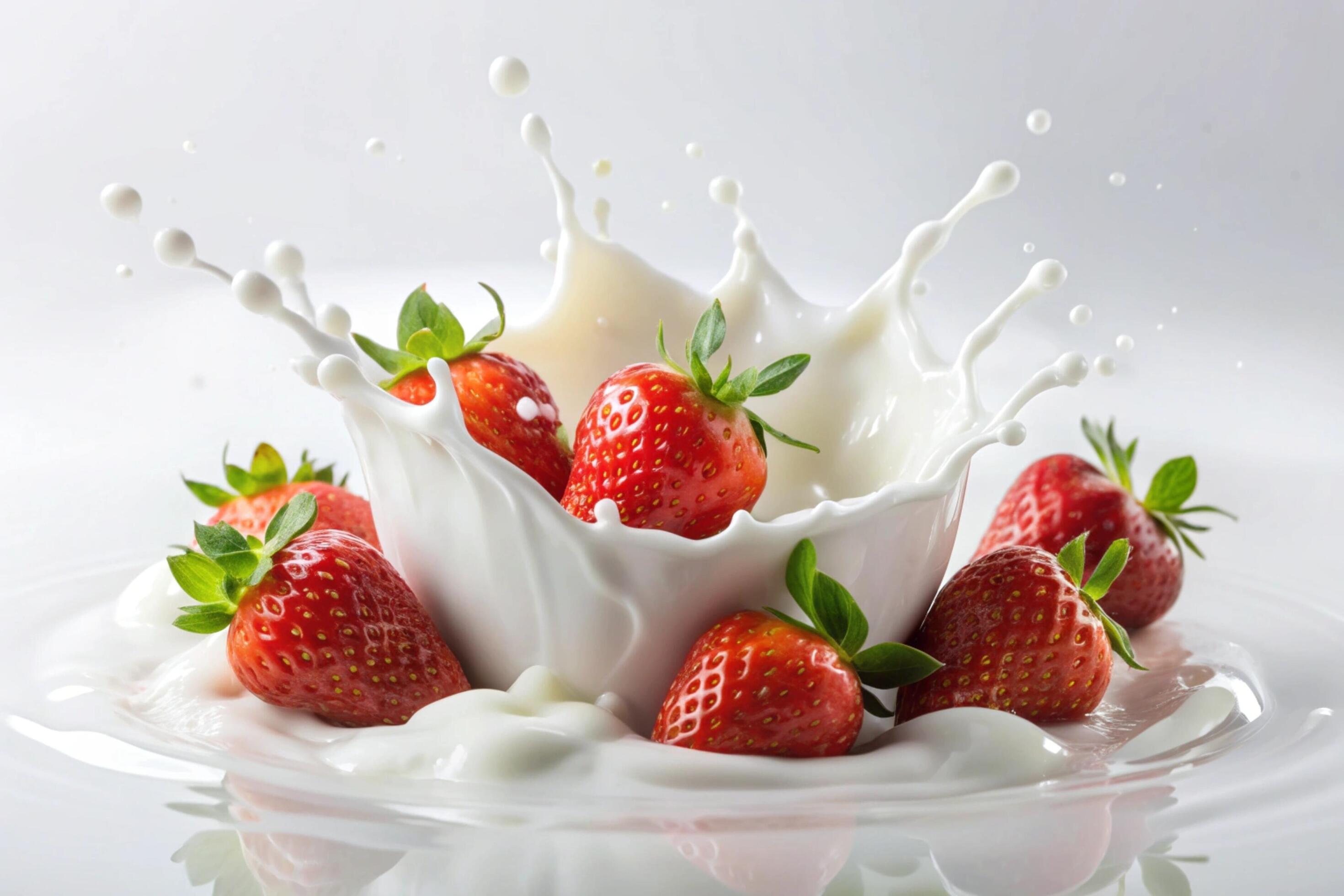 Milk splashes with strawberry on white background Stock Free