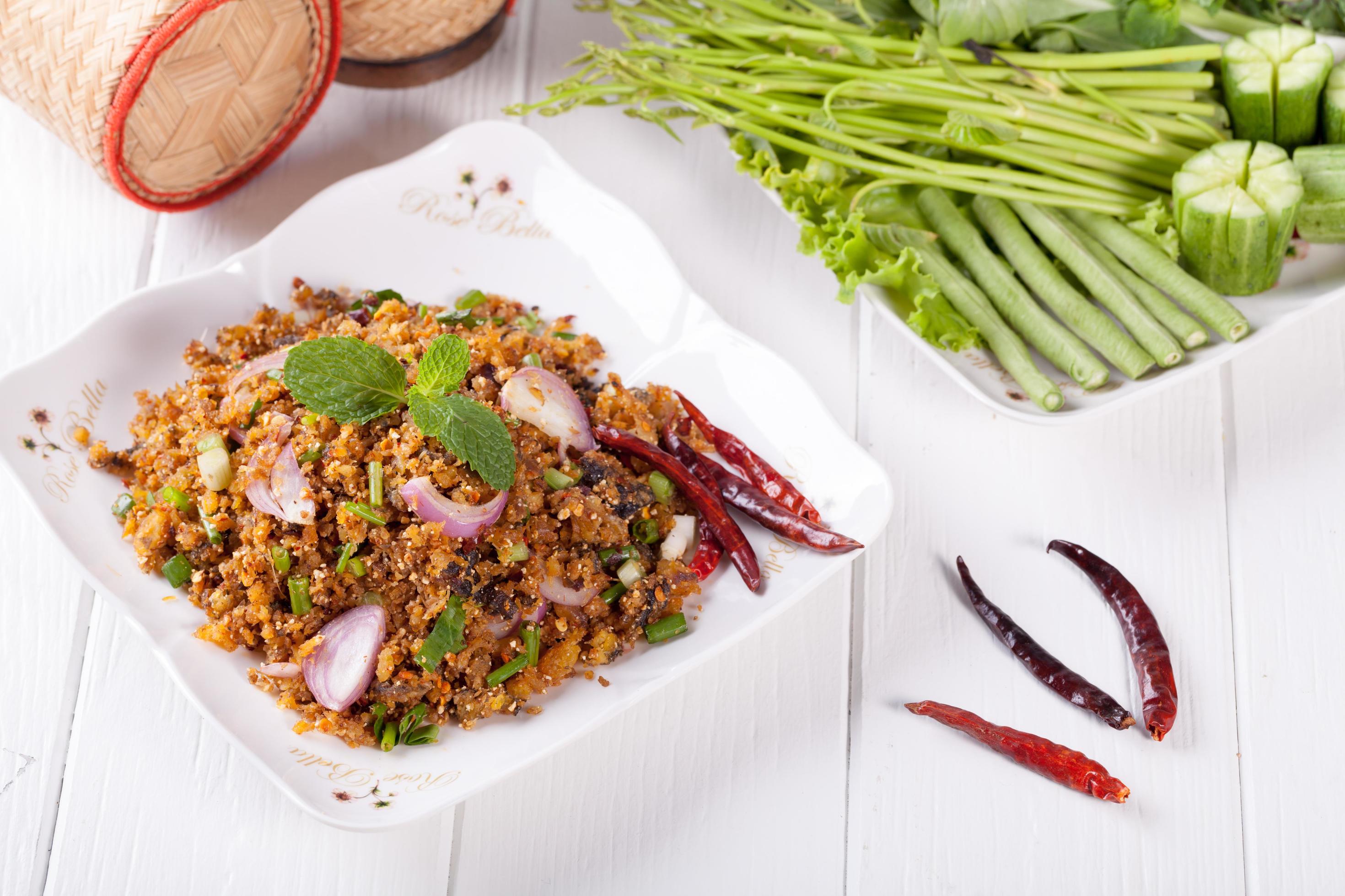 Spicy minced grilled catfish salad , Thai food Stock Free