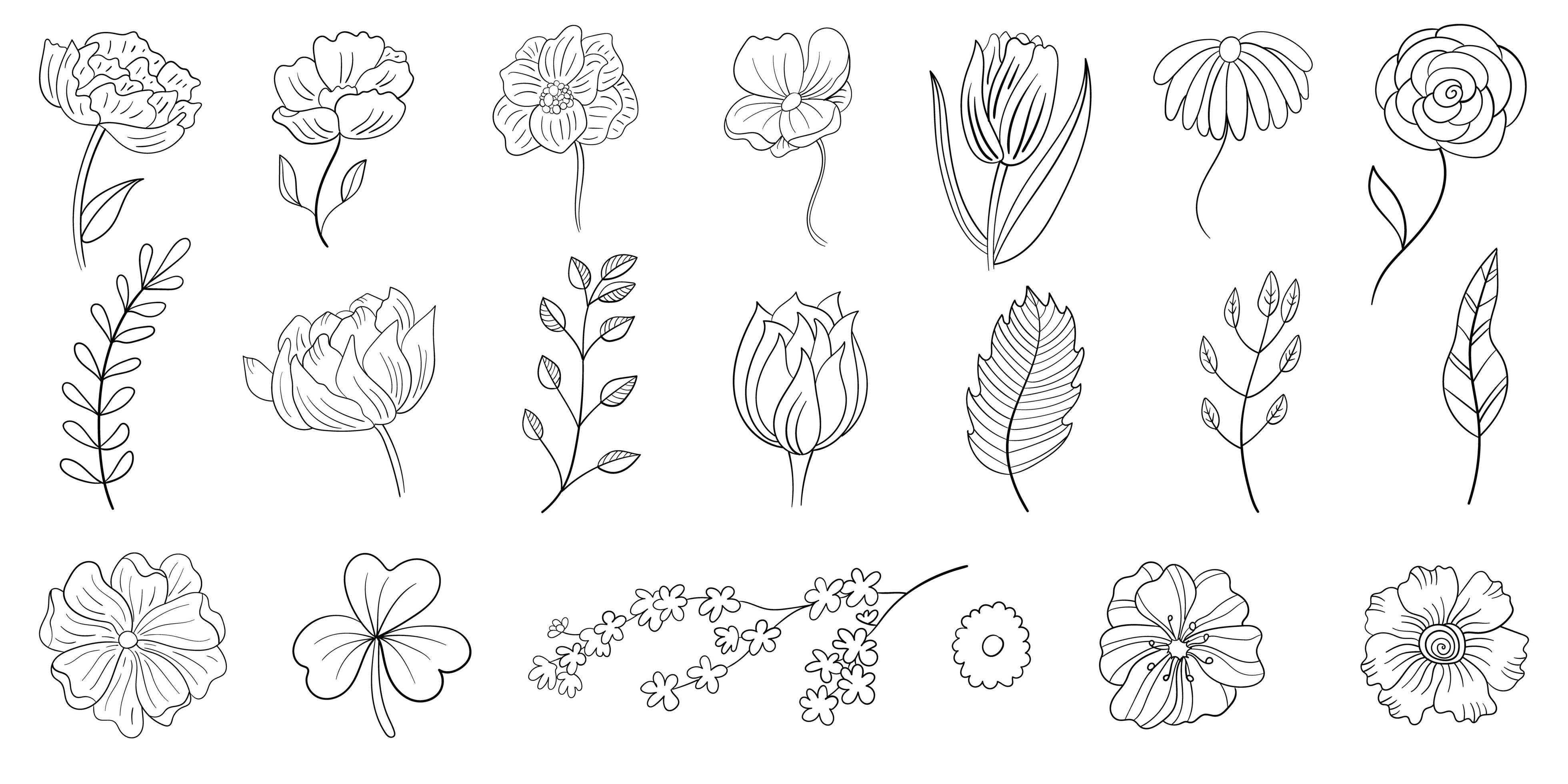 Set of Hand Drawn Line Flowers Stock Free