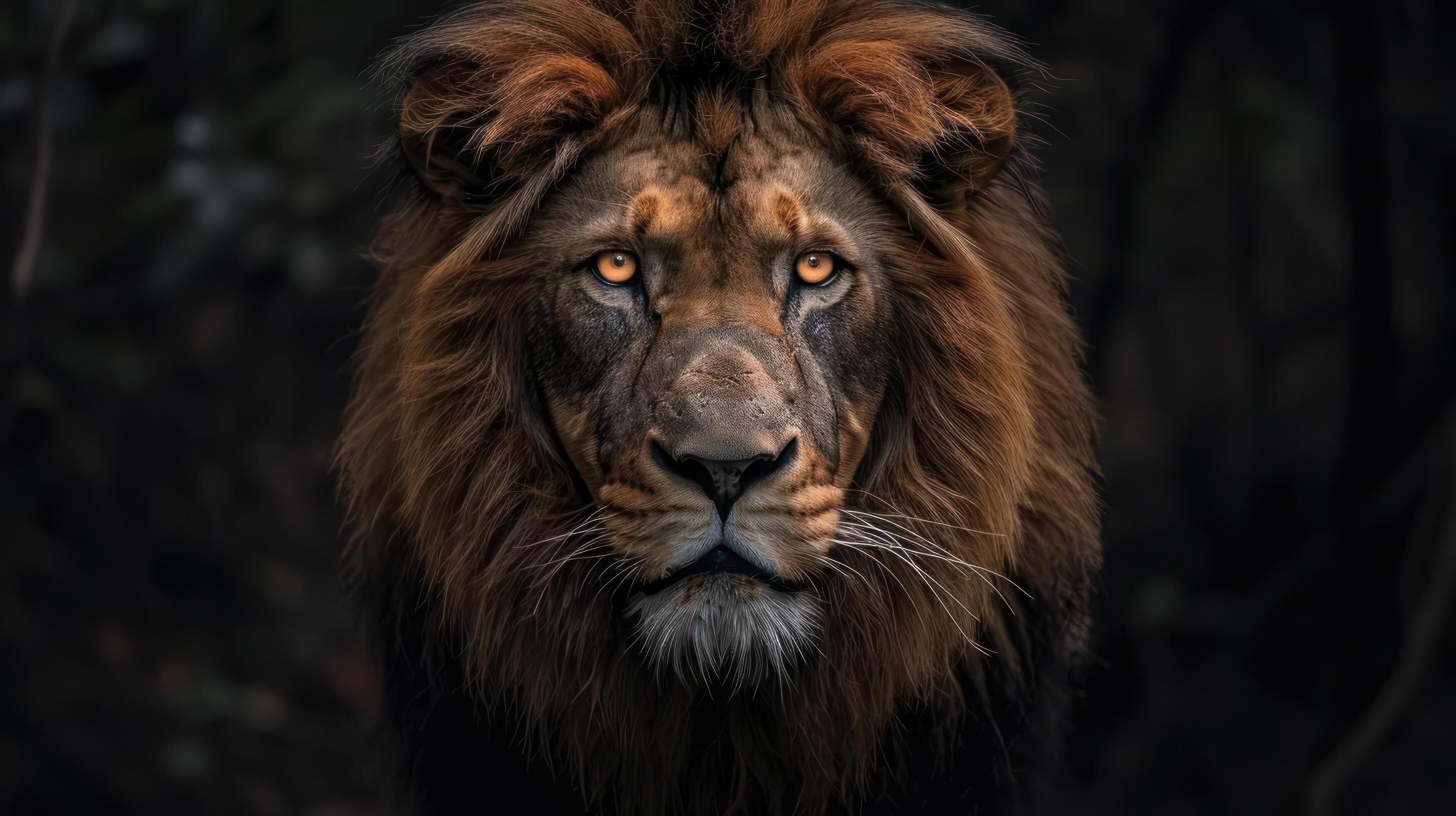 a close up of a lion’s face with trees in the background Stock Free