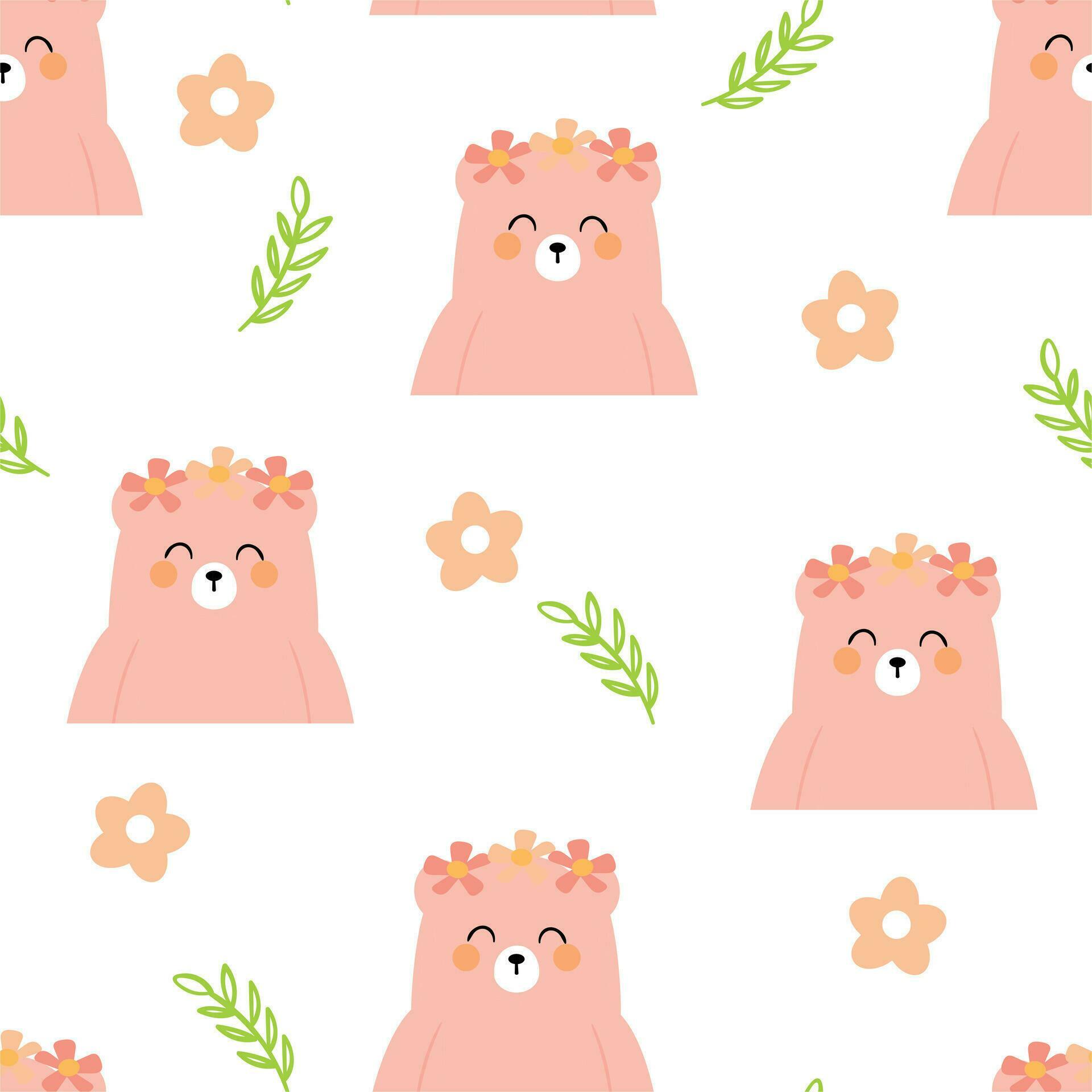 Seamless pattern of cute cartoon bear and flowers. cute wallpaper for gift wrapping paper, textile, colorful vector for children, flat style Stock Free