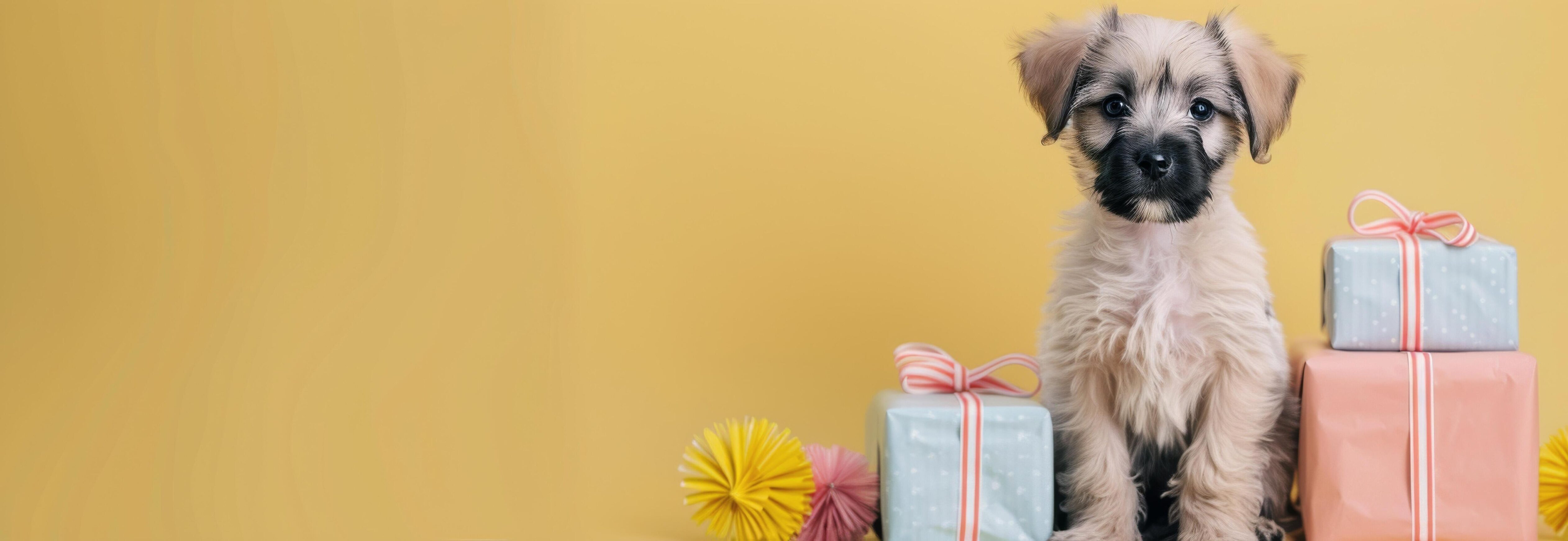 Adorable Puppy Surrounded by Colorful Gifts on Yellow Background Stock Free