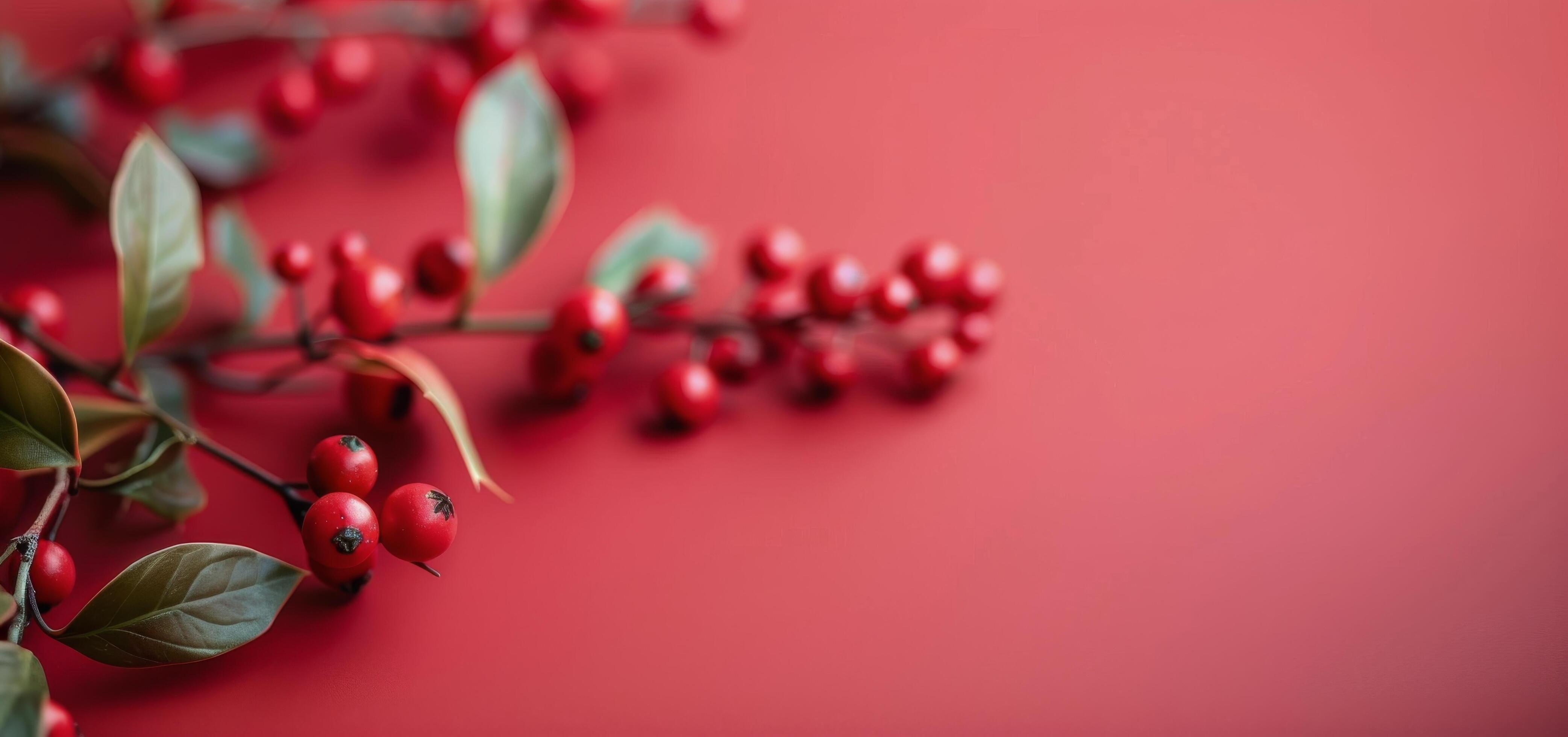 Red Berries With Green Leaves on Red Background in Soft Lighting Stock Free