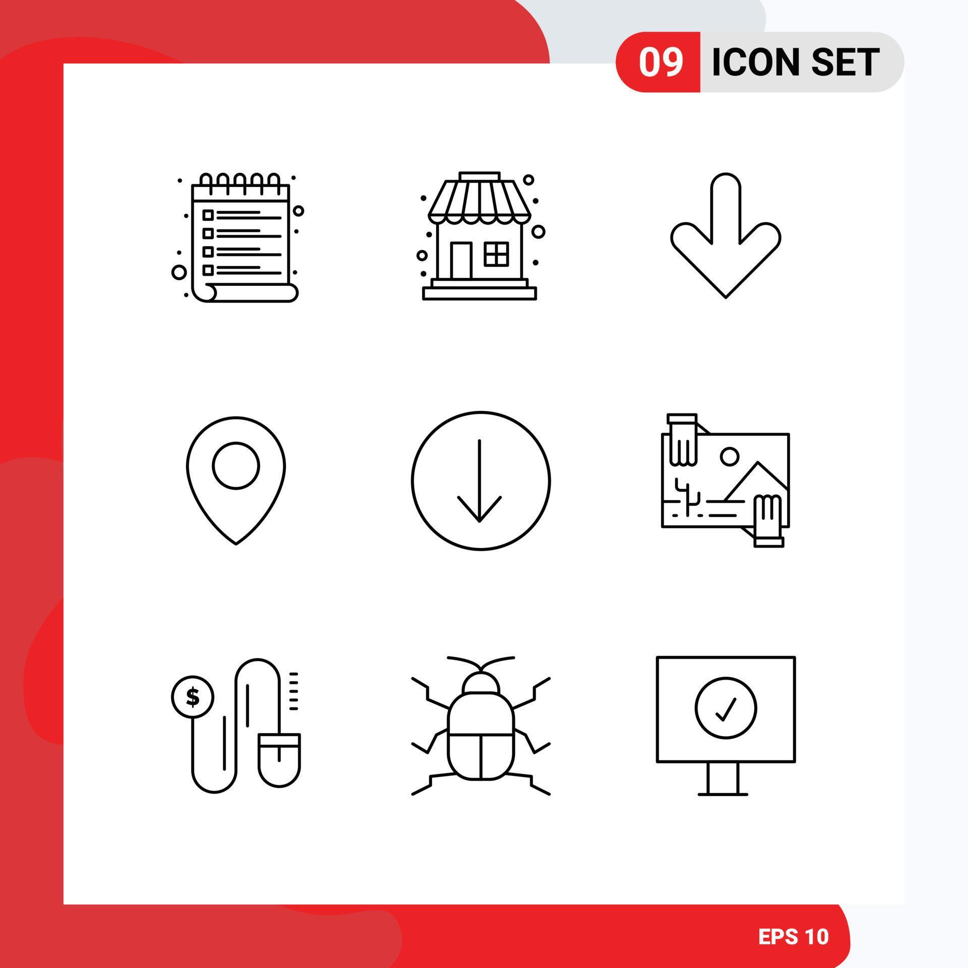 9 Universal Outline Signs Symbols of contibution symbol down arrow map Editable Vector Design Elements Stock Free