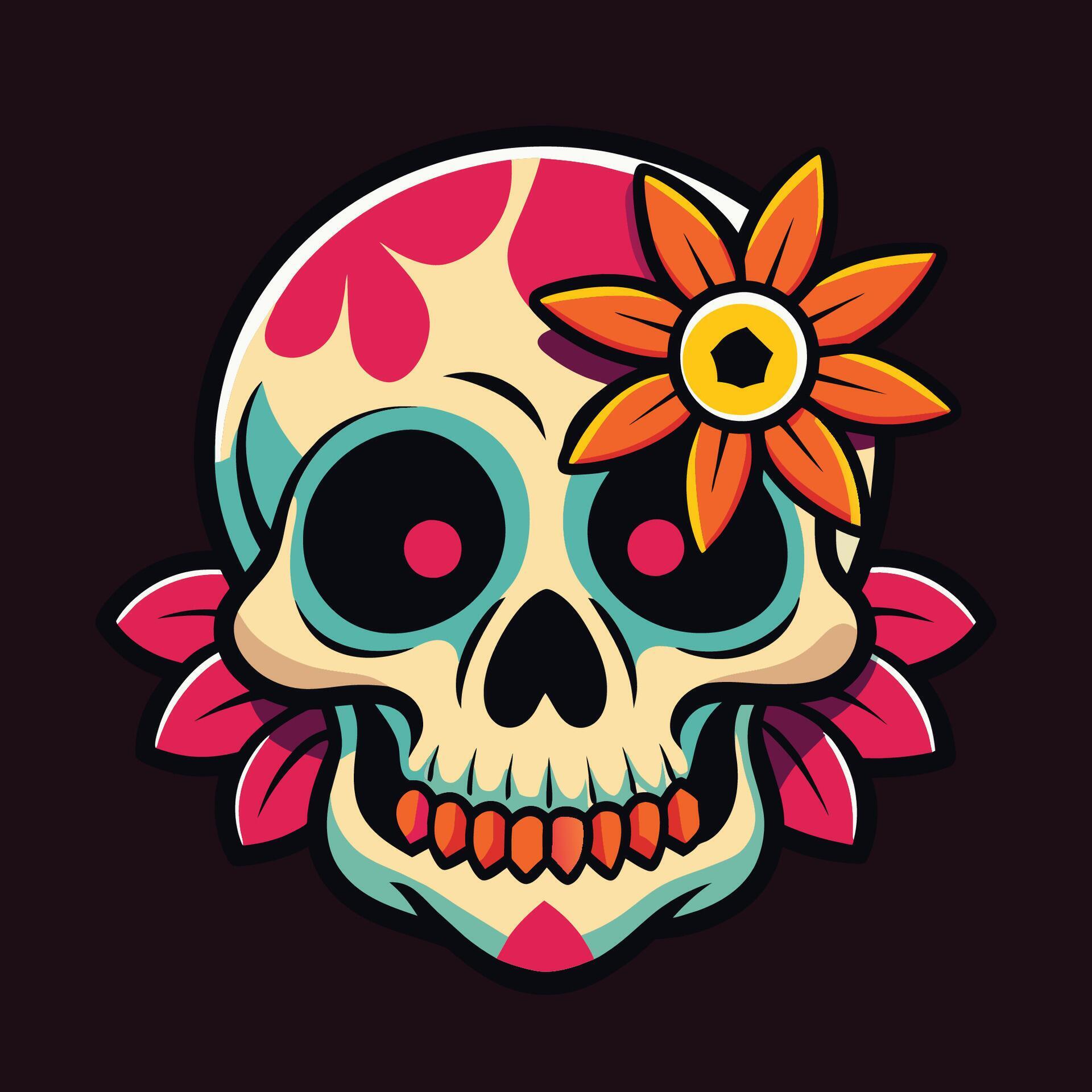 Mexican skull with flower on dark background. Vector cartoon illustration. Stock Free