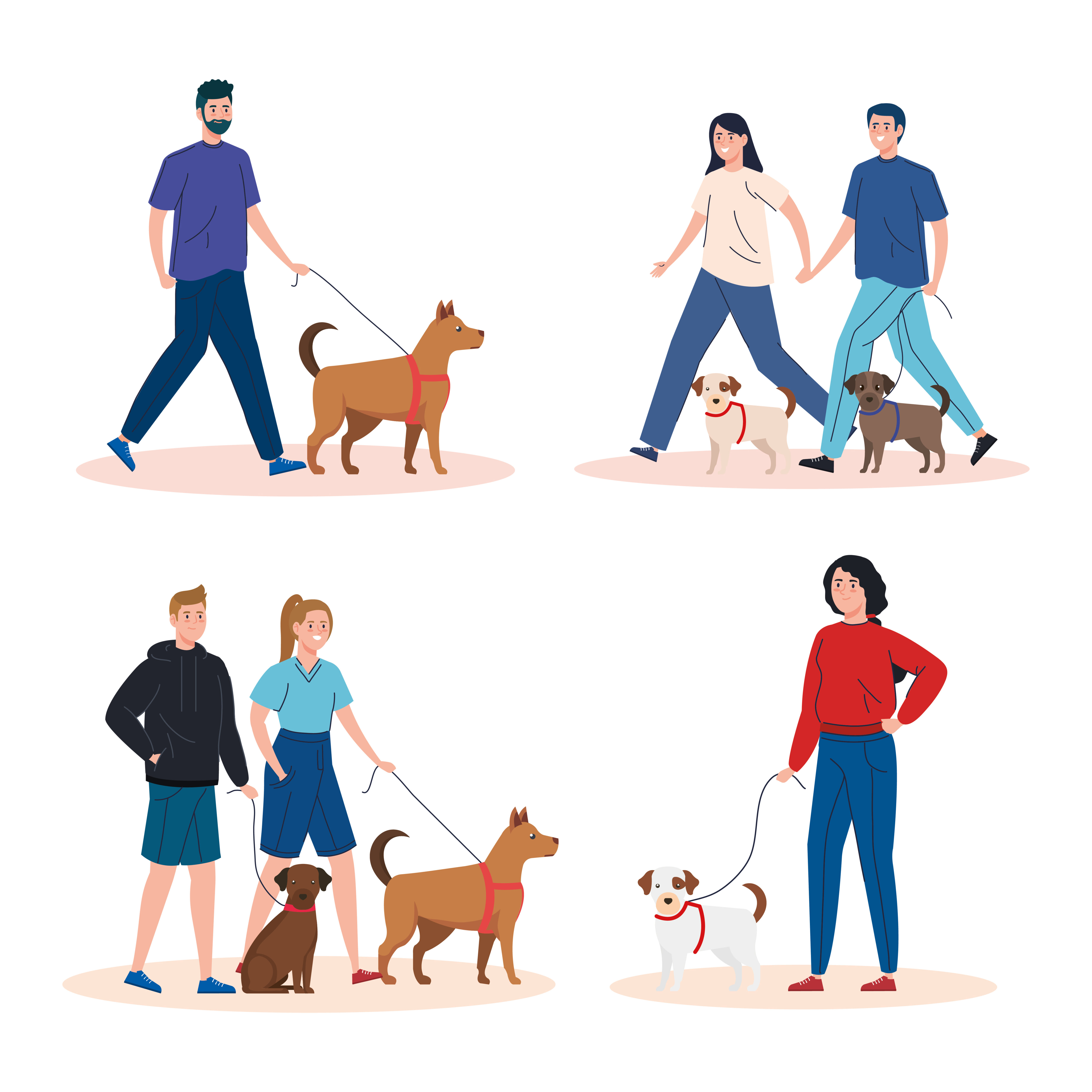 Scenes of people walking their dogs Free Vector