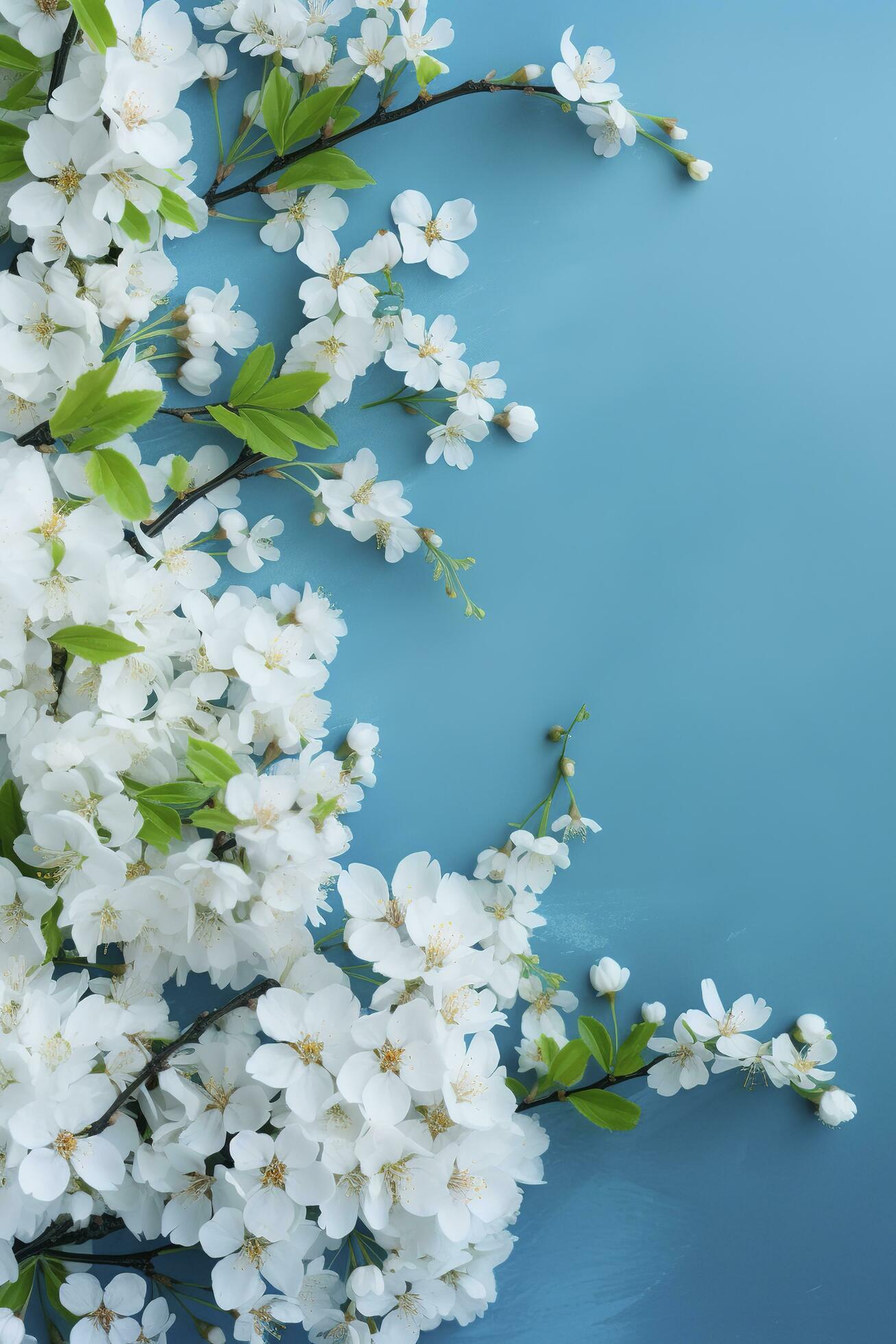 Beautiful spring border, blooming rose bush on a blue background. Flowering rose hips against the blue sky. Soft selective focus , generate ai Stock Free