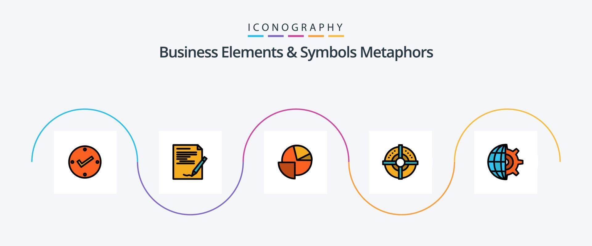 Business Elements And Symbols Metaphors Line Filled Flat 5 Icon Pack Including gear. strategy. report. arrow. graph Stock Free