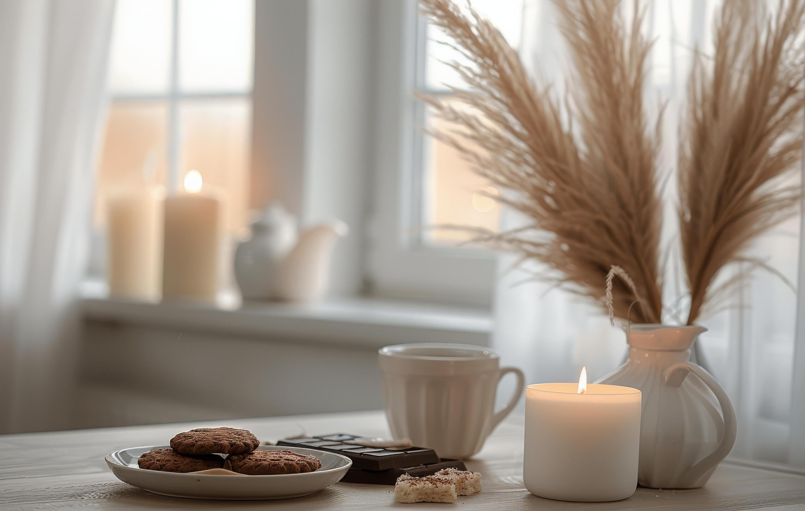 Cozy Windowsill Scene With Burning Candle and Cookies Stock Free