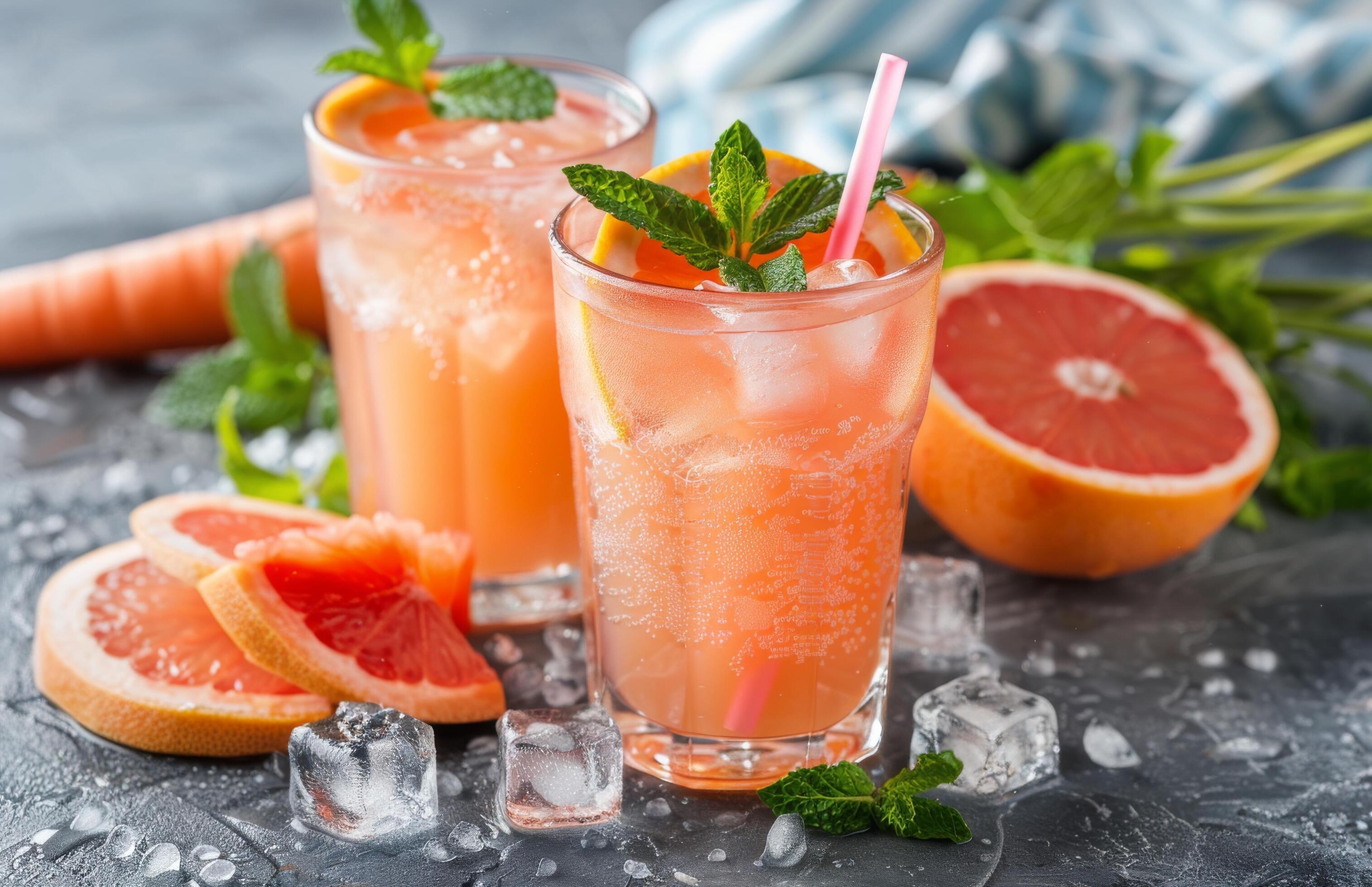 Refreshing Grapefruit and Carrot Juice With Mint and Ice on a Dark Background Stock Free