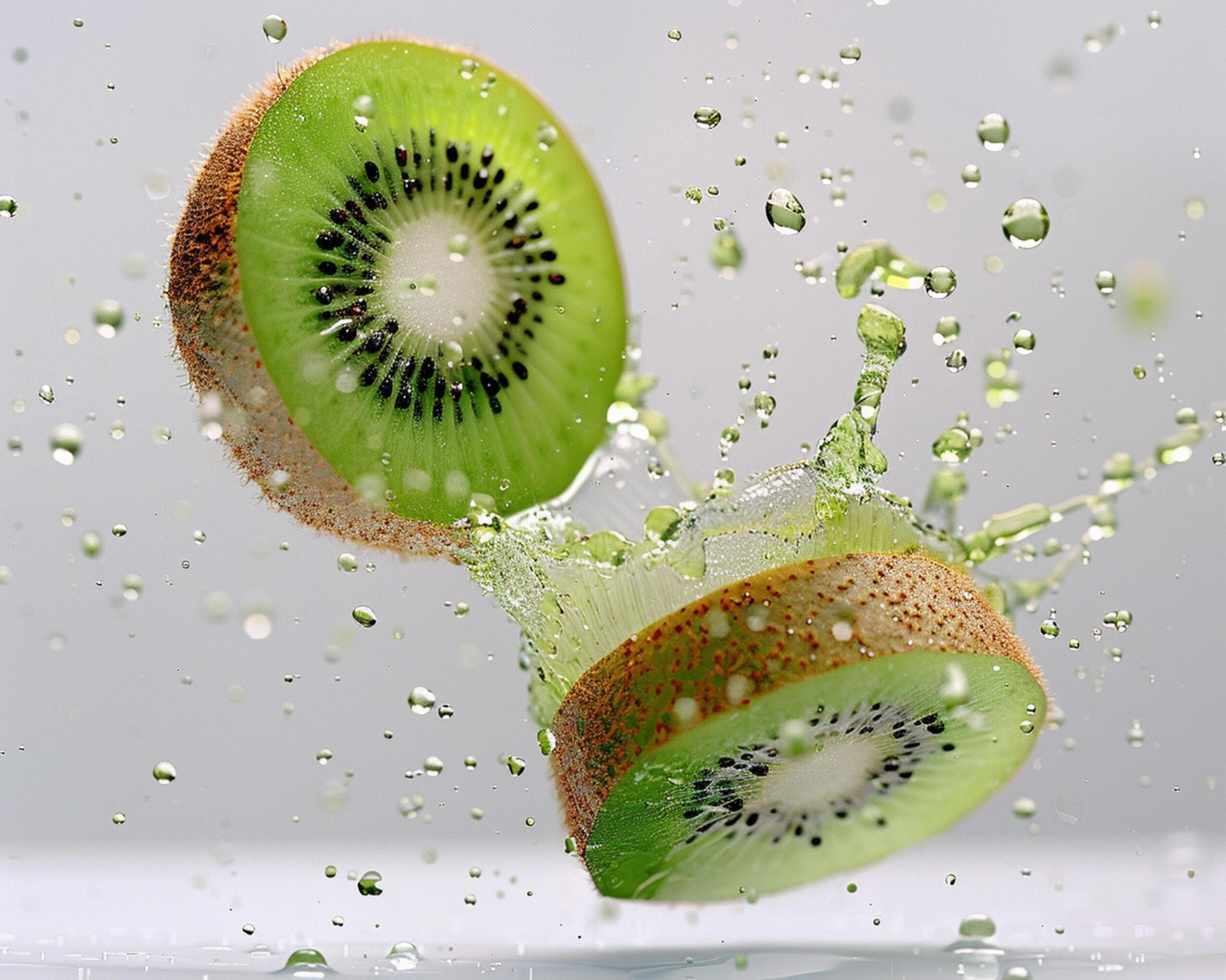 two slices of kiwi fruit are being splashed with water Stock Free