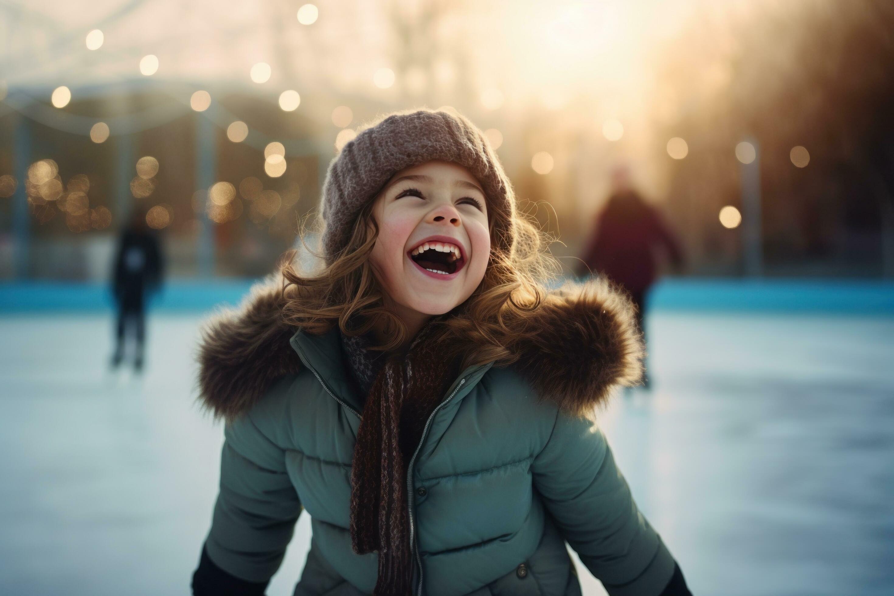 AI generated a young girl is hysterical and enjoying herself on ice rink with her family Stock Free